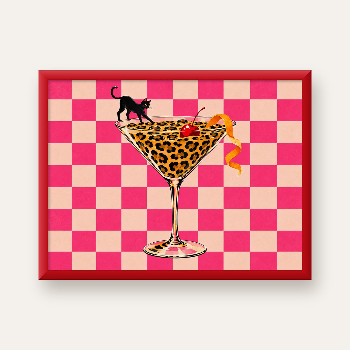 Leopar Martini ve Kara Kedi — kırmızı çerçeveli