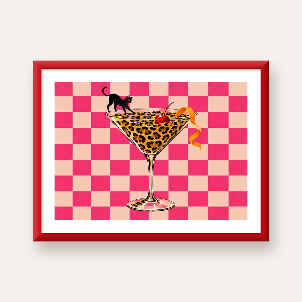 Leopar Martini ve Kara Kedi — kırmızı çerçeveli paspartulu