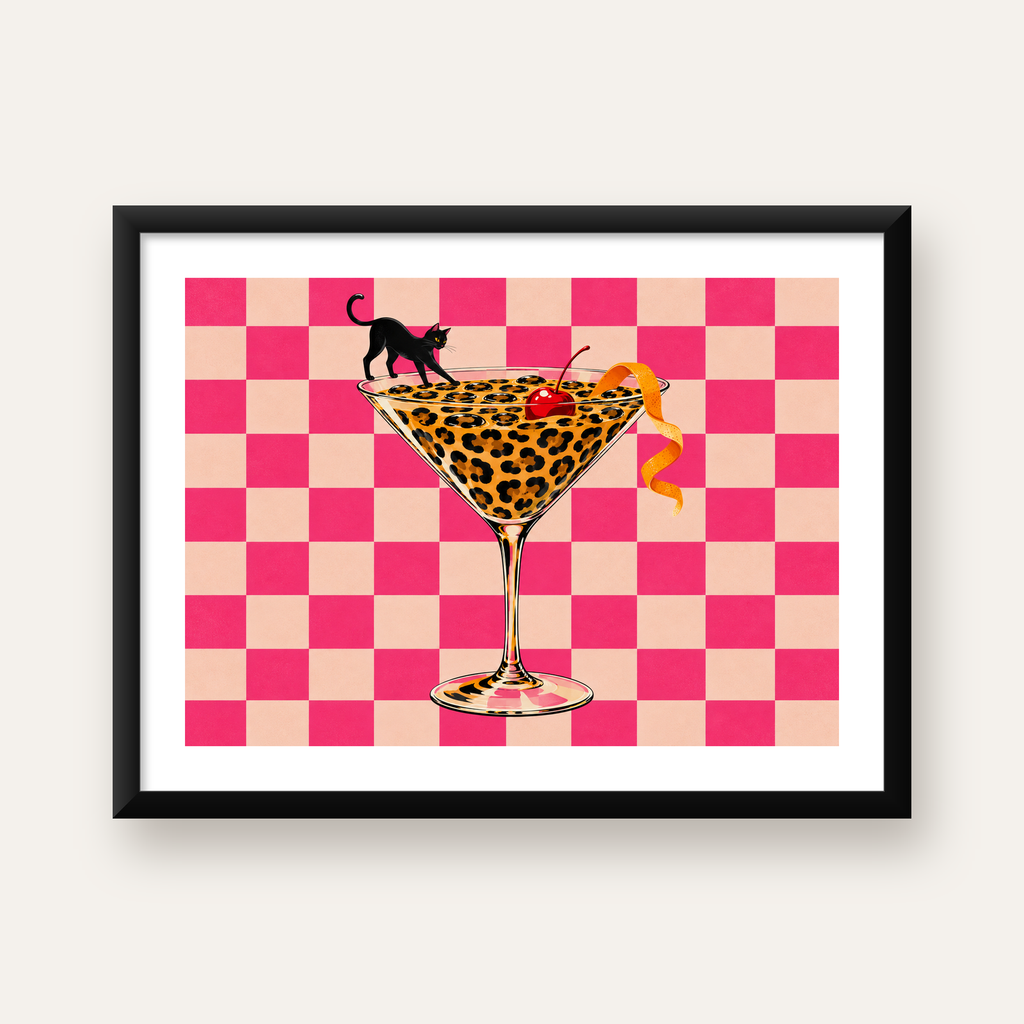 Leopar Desenli Kokteyl ve Siyah Kedi Dijital Poster — Yatay baskı, beyaz kenar boşluklu