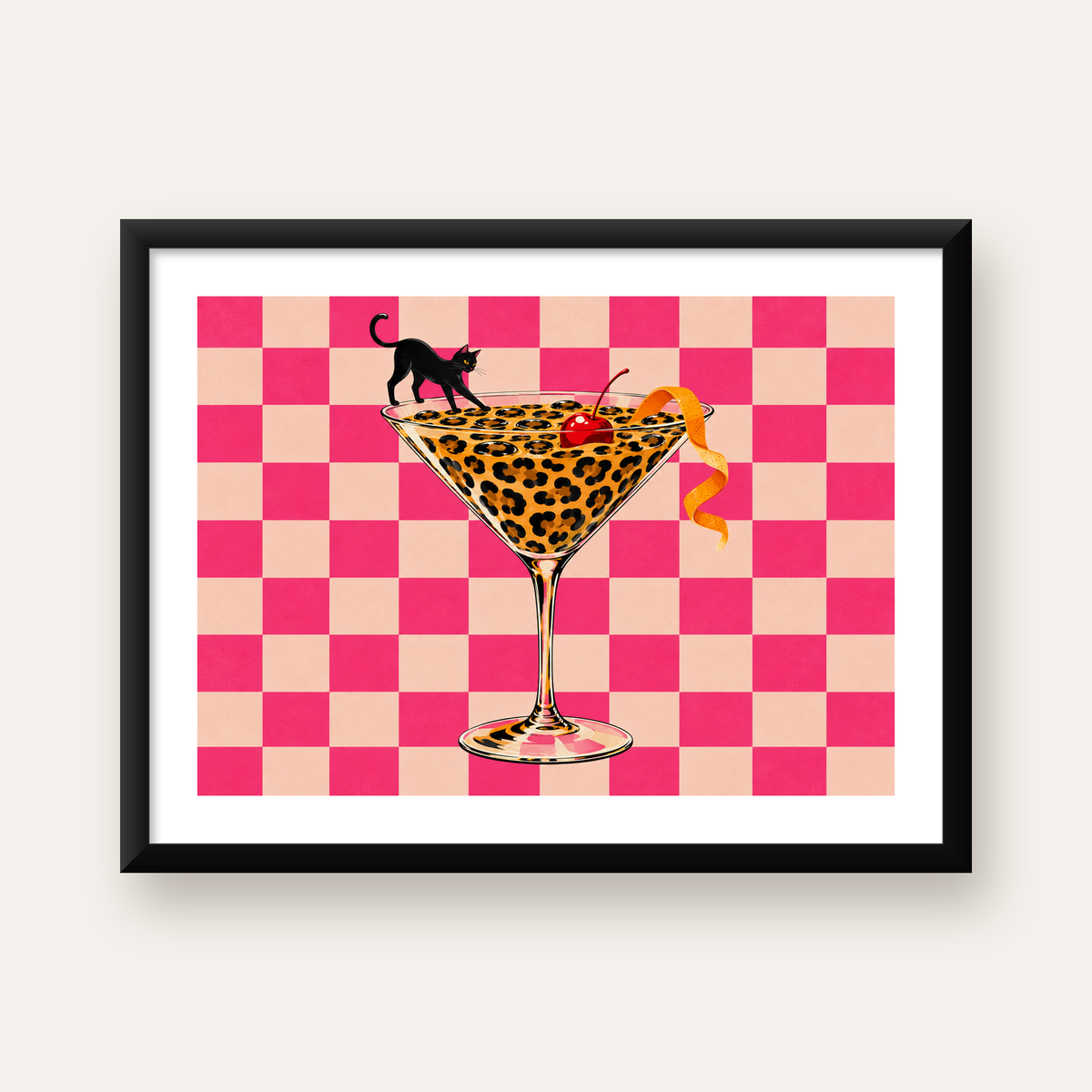 Leopar Desenli Kokteyl ve Siyah Kedi Dijital Poster — Yatay baskı, beyaz kenar boşluklu