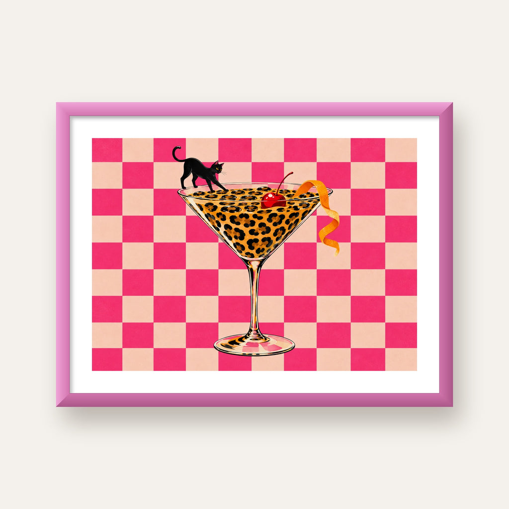 Leopar Martini ve Kara Kedi — pembe çerçeveli paspartulu