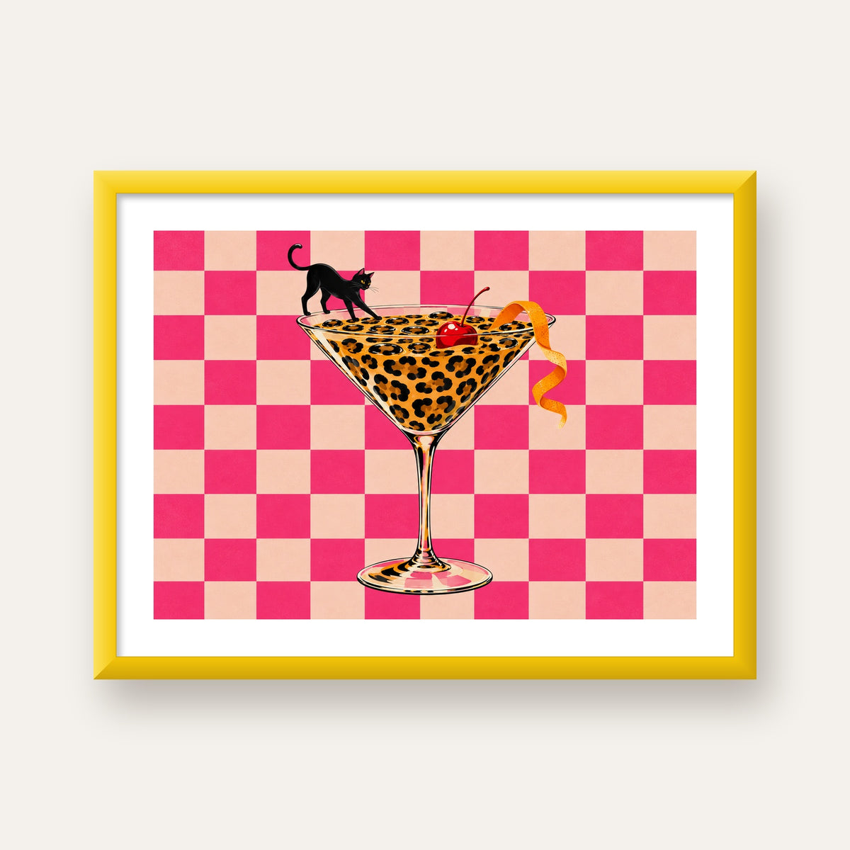 Leopar Martini ve Kara Kedi — sarı çerçeveli paspartulu