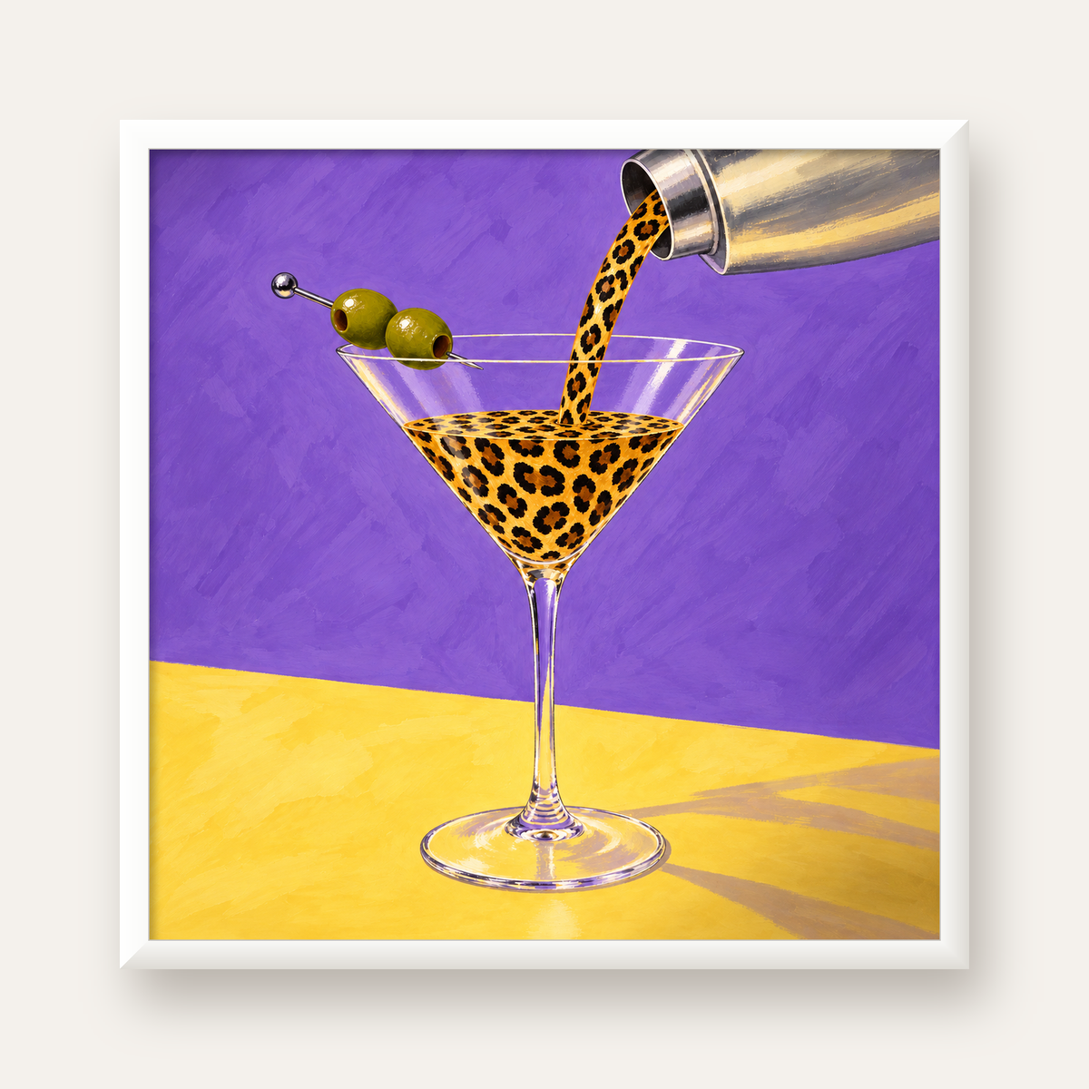 Leopar Desenli Martini Kokteyl Poster – Modern Renkli Duvar Sanatı — beyaz çerçeveli kare poster