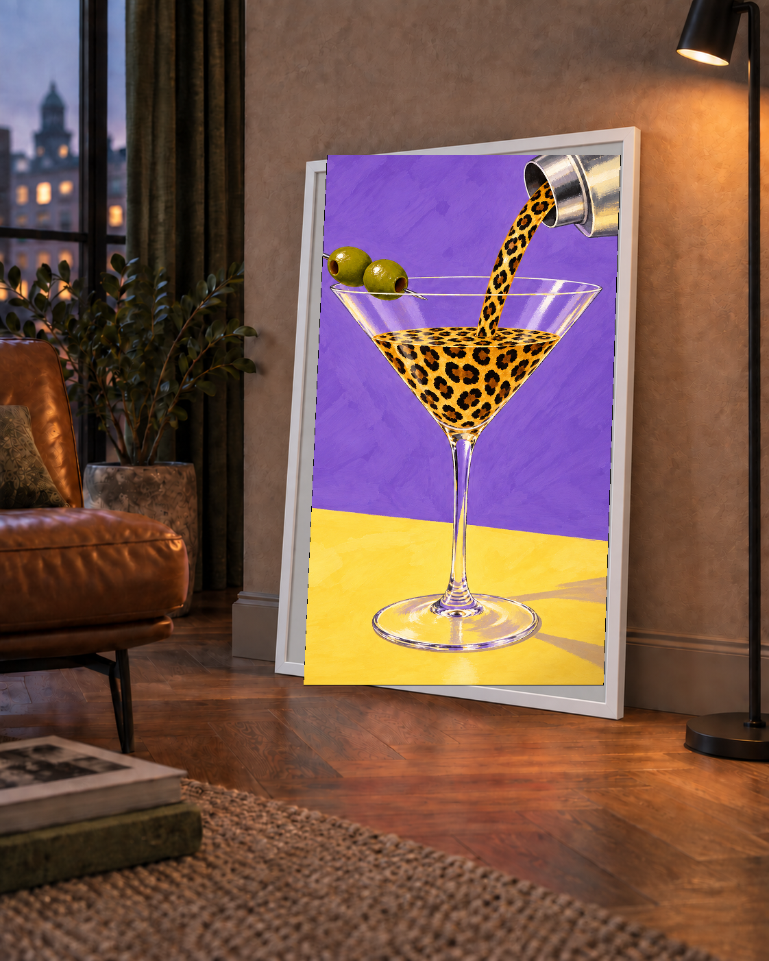 Leopar Desenli Martini Kokteyl Poster – Modern Renkli Duvar Sanatı