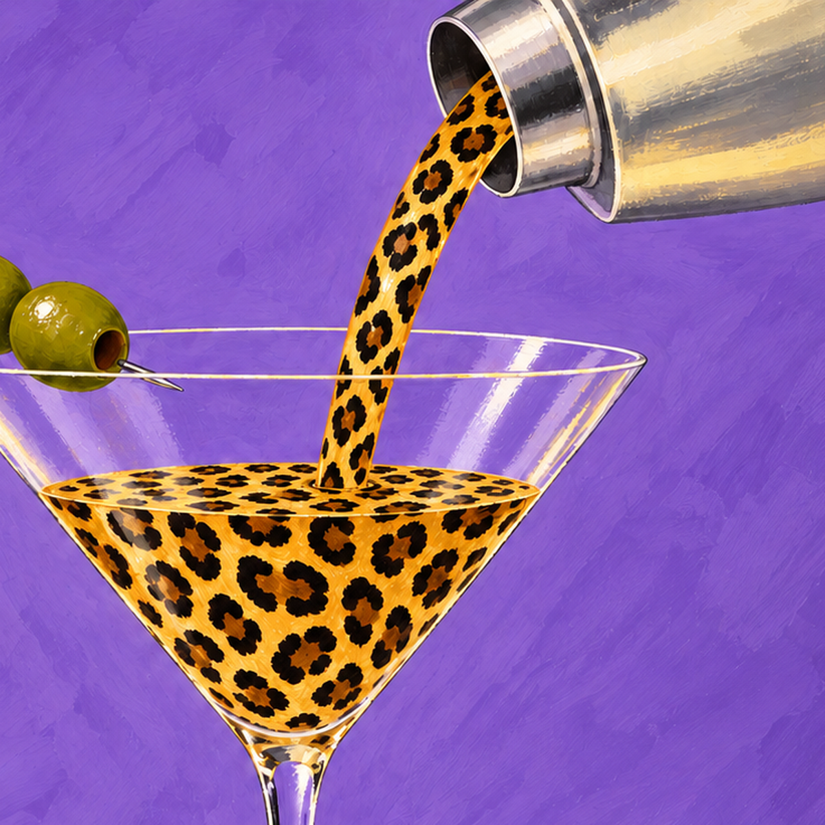 Leopar Desenli Martini Kokteyl Poster – Modern Renkli Duvar Sanatı — baskının yakın çekimi, kâğıt dokusu ve renk detayı