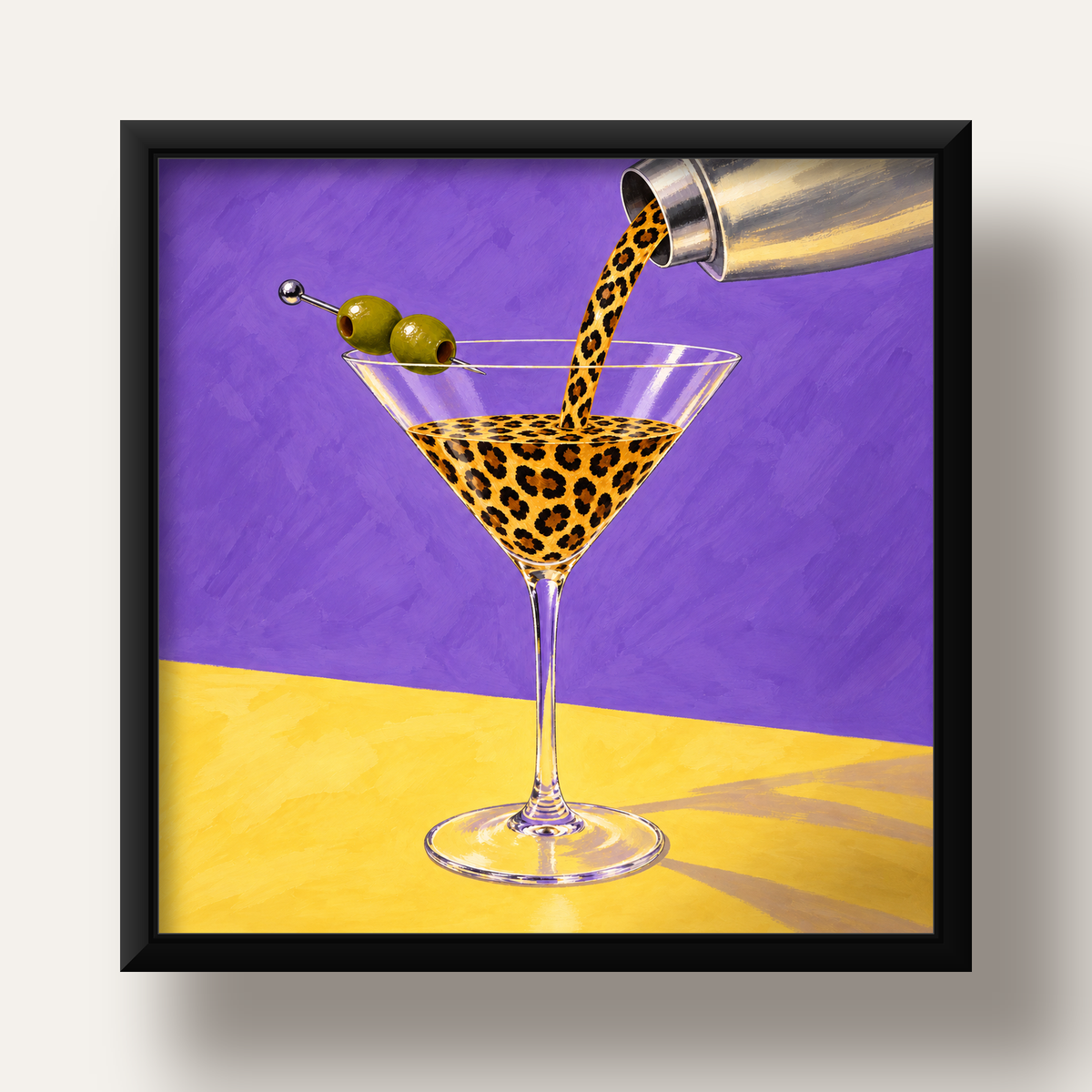 Leopar Desenli Martini Kokteyl Poster – Modern Renkli Duvar Sanatı — siyah derin çerçeveli