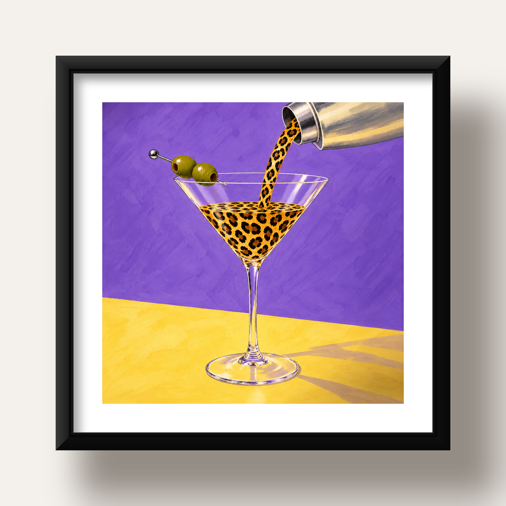 Leopar Desenli Martini Kokteyl Poster – Modern Renkli Duvar Sanatı — siyah derin çerçeveli paspartulu