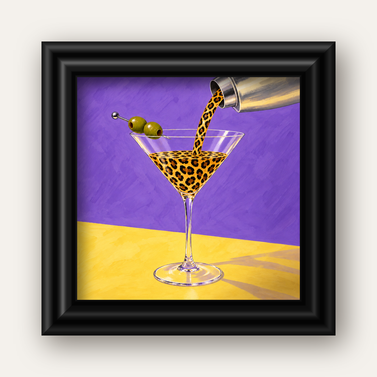 Leopar Desenli Martini Kokteyl Poster – Modern Renkli Duvar Sanatı — siyah galeri çerçeveli