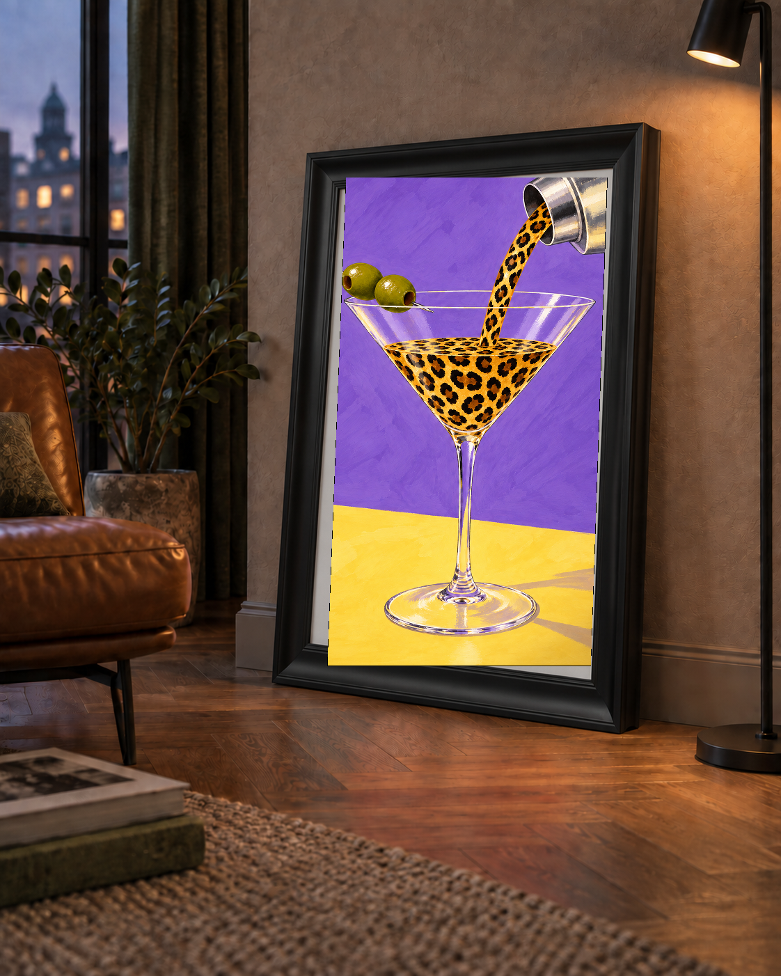 Leopar Desenli Martini Kokteyl Poster – Modern Renkli Duvar Sanatı