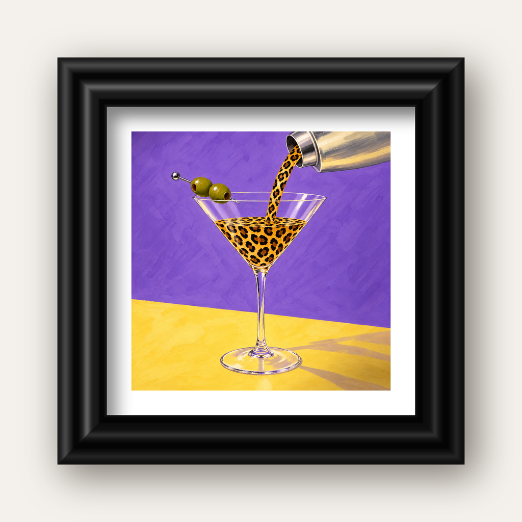 Leopar Desenli Martini Kokteyl Poster – Modern Renkli Duvar Sanatı — siyah galeri çerçeveli paspartulu