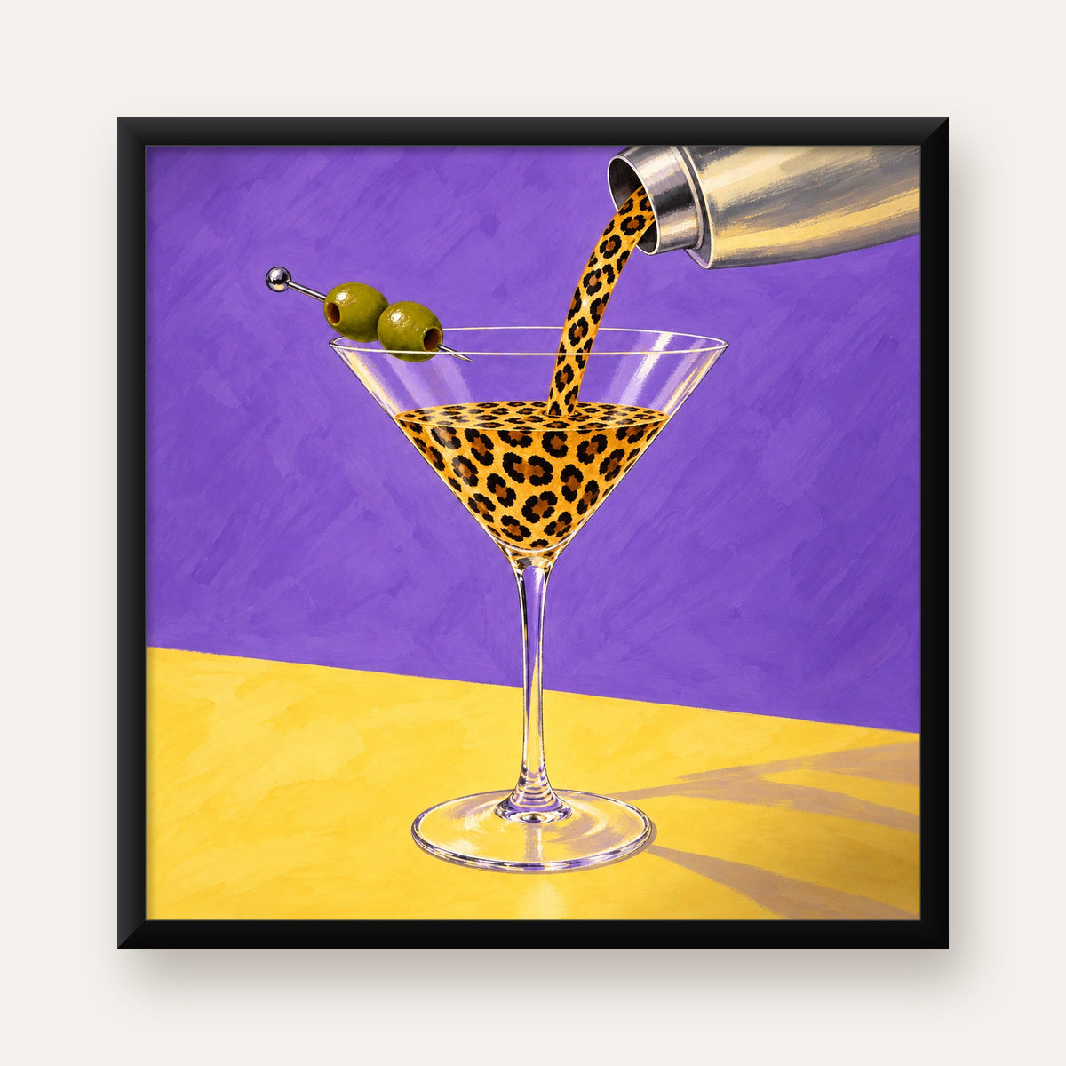 Leopar Desenli Martini Kokteyl Poster – Modern Renkli Duvar Sanatı — Kare baskı, düz siyah çerçeveli duvar posteri