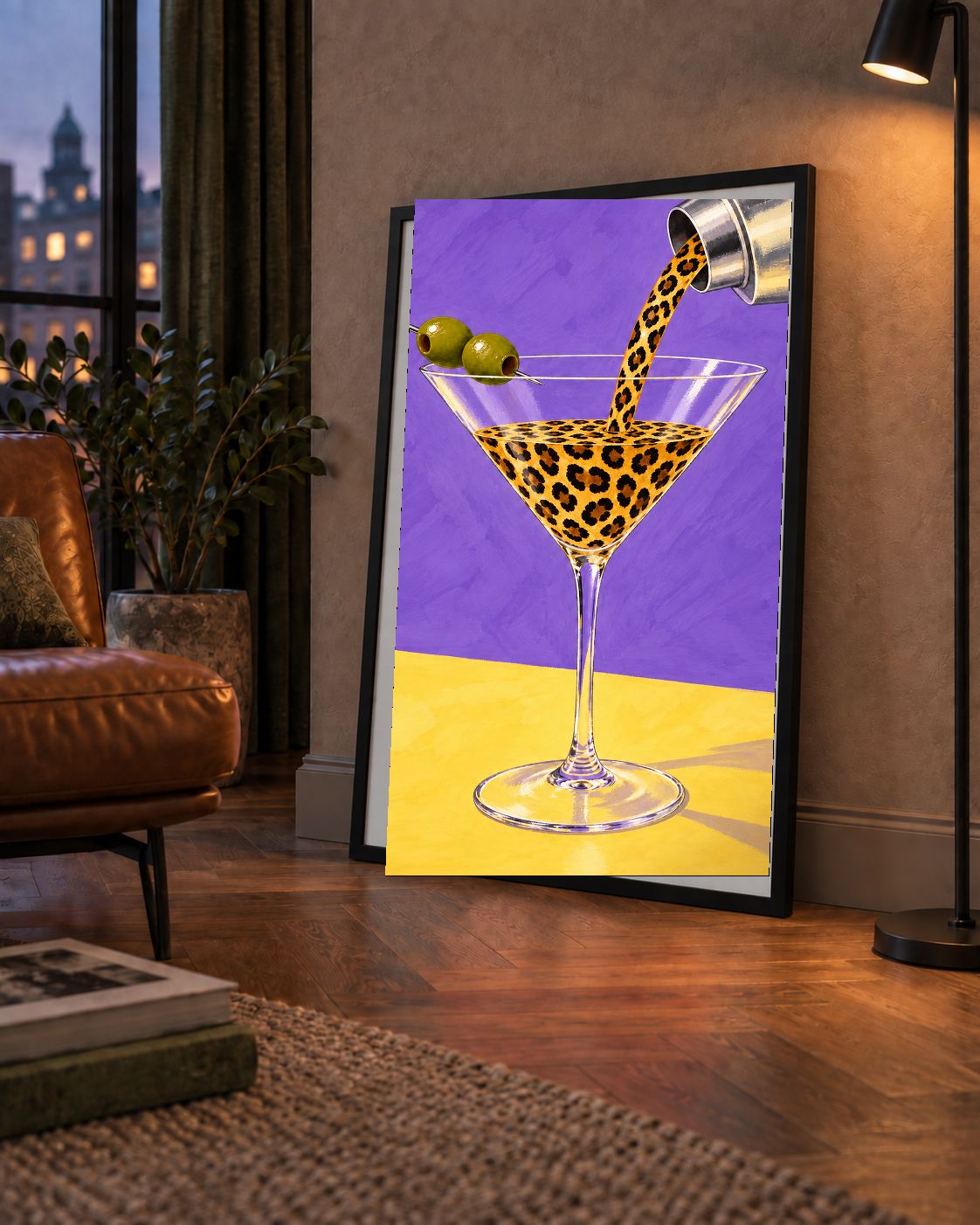 Leopar Desenli Martini Kokteyl Poster – Modern Renkli Duvar Sanatı