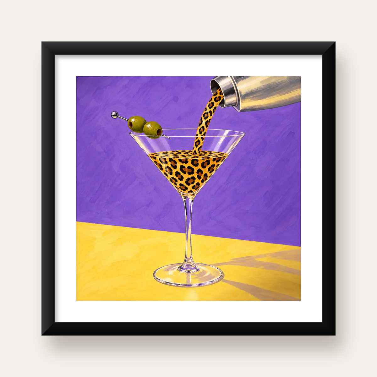 Leopar Desenli Martini Kokteyl Poster – Modern Renkli Duvar Sanatı — Kare baskı, beyaz paspartulu