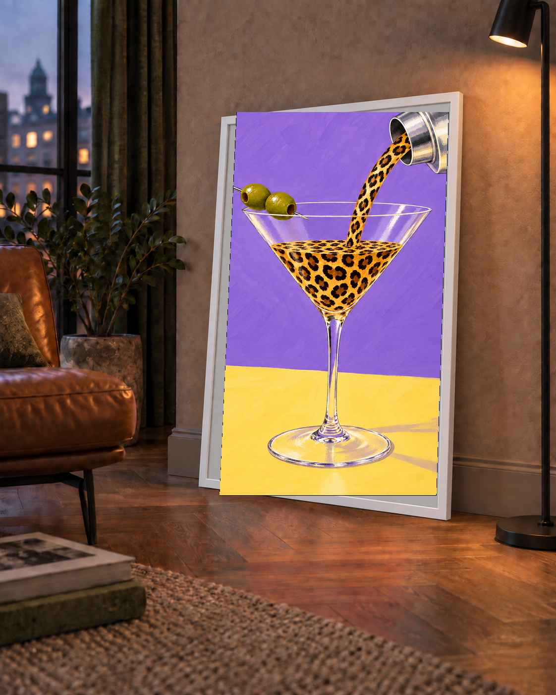 Leopar Desenli Martini Kokteyl Poster – Modern Renkli Duvar Sanatı