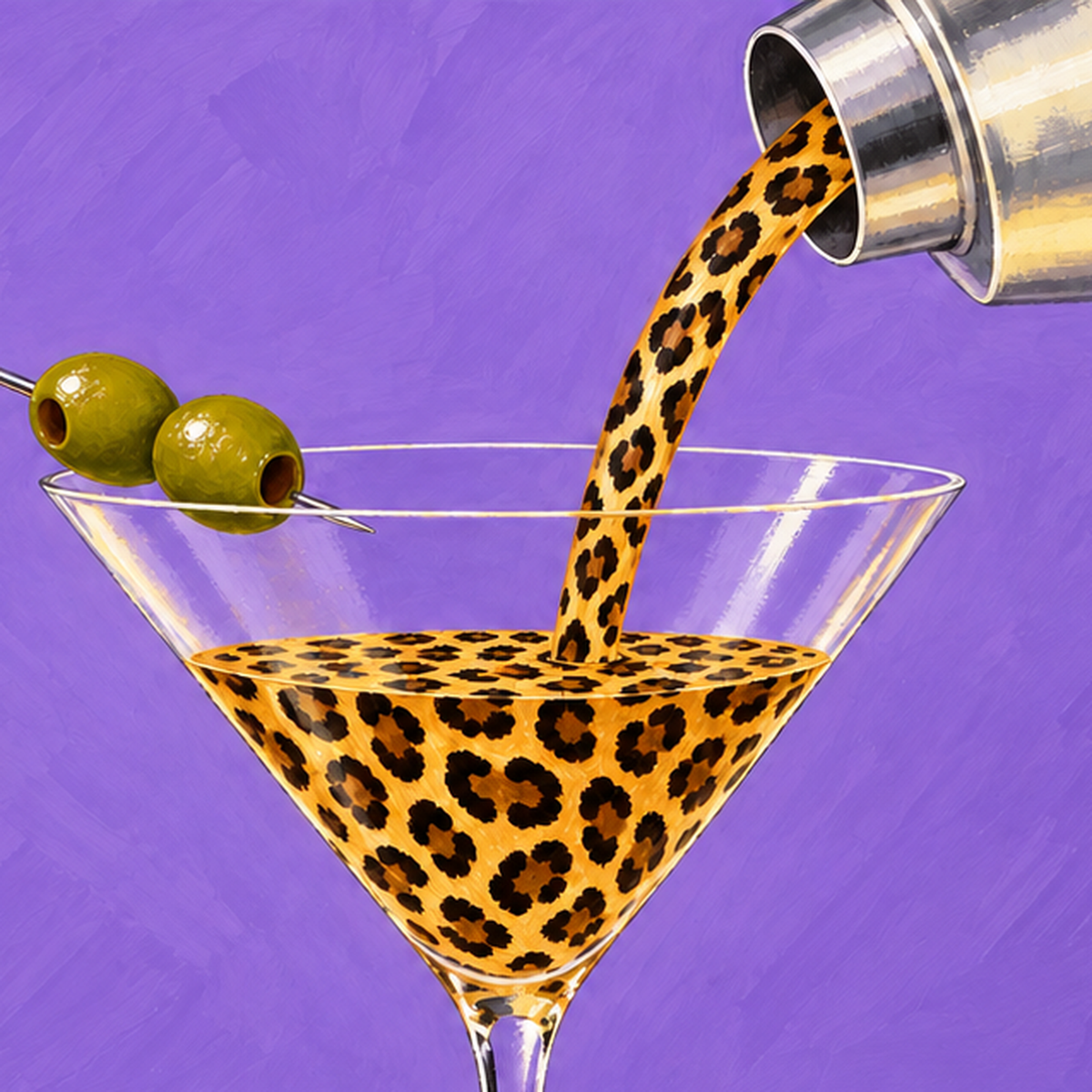 Leopar Desenli Martini Kokteyl Poster – Modern Renkli Duvar Sanatı — baskının yakın çekimi, kâğıt dokusu ve renk detayı