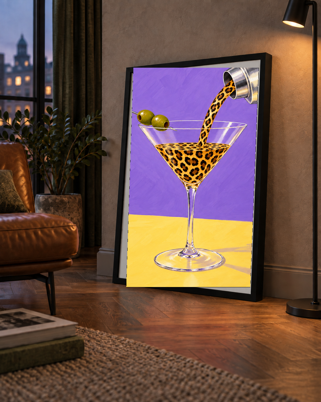 Leopar Desenli Martini Kokteyl Poster – Modern Renkli Duvar Sanatı