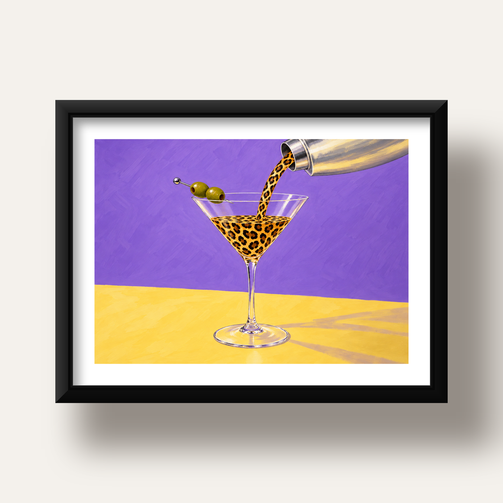 Leopar Desenli Martini Kokteyl Poster – Modern Renkli Duvar Sanatı — siyah derin çerçeveli paspartulu