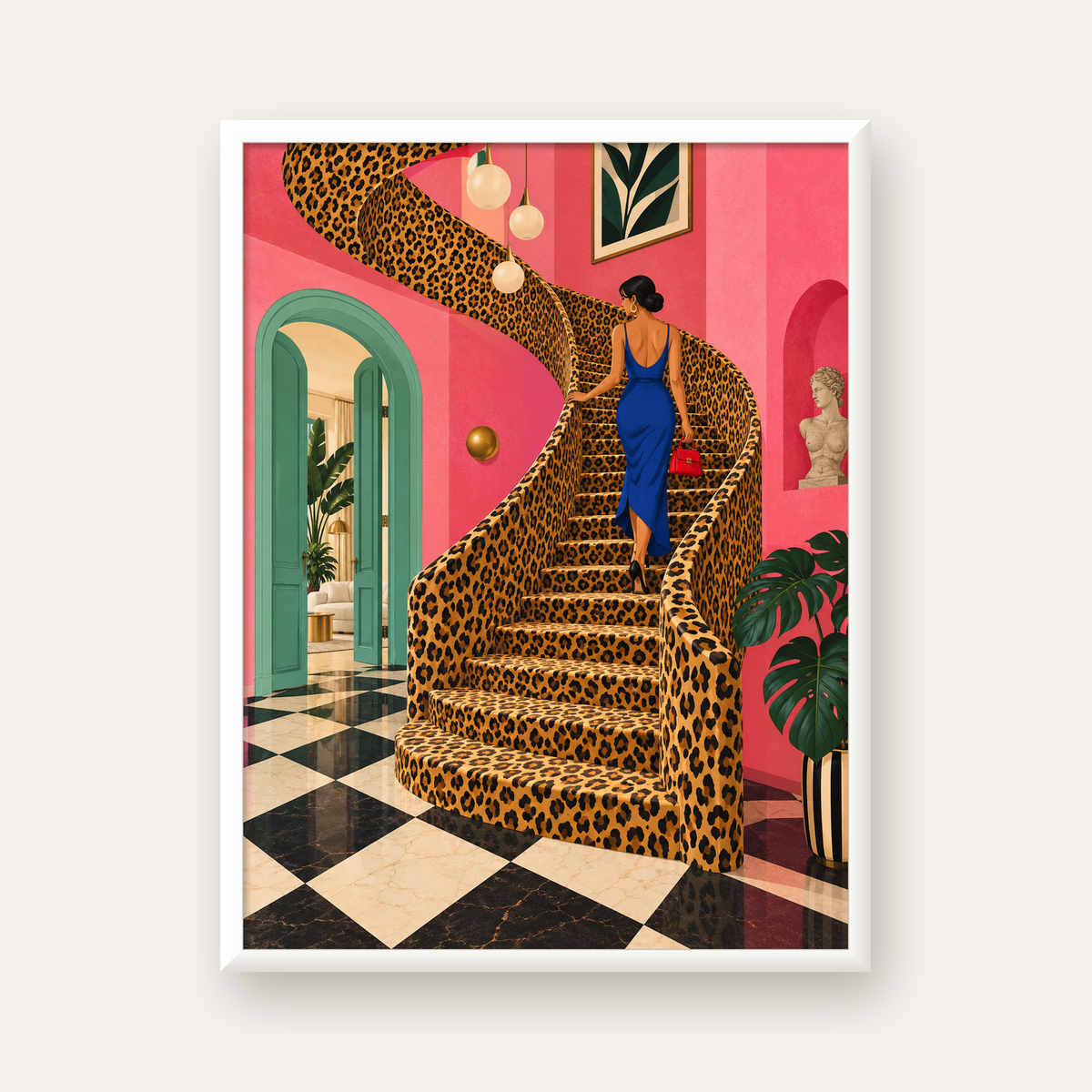 Leopar Merdivenli Pembe Ev — beyaz çerçeveli dikey poster
