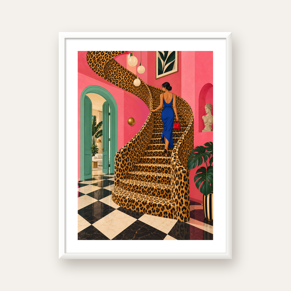 Leopar Merdivenli Pembe Ev — beyaz çerçeveli dikey poster