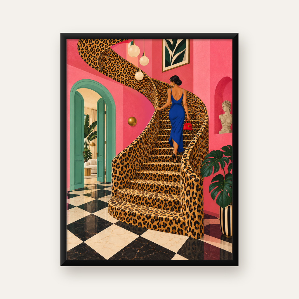 Leopar Desenli Merdivende Şık Kadın Modern Poster — Dikey baskı, düz siyah çerçeveli duvar posteri