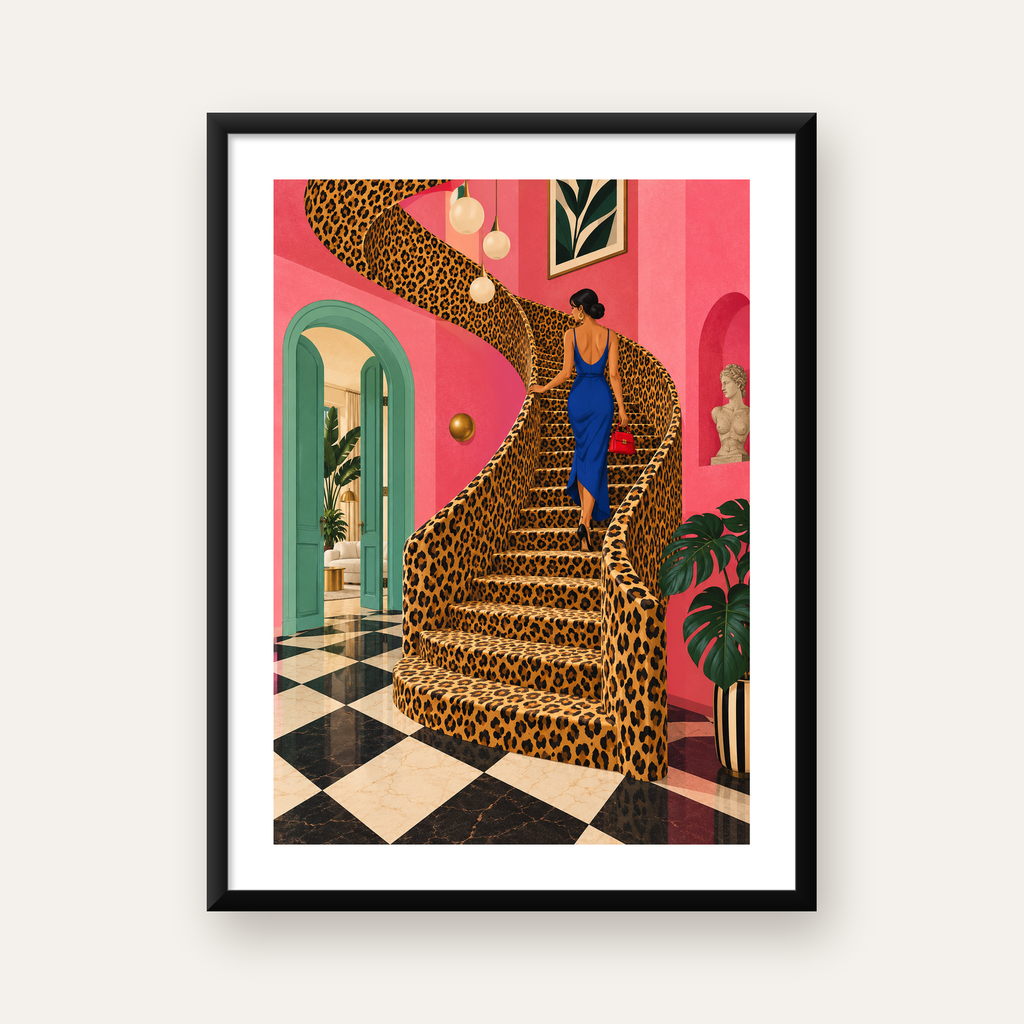 Leopar Desenli Merdivende Şık Kadın Modern Poster — Dikey baskı, beyaz kenar boşluklu