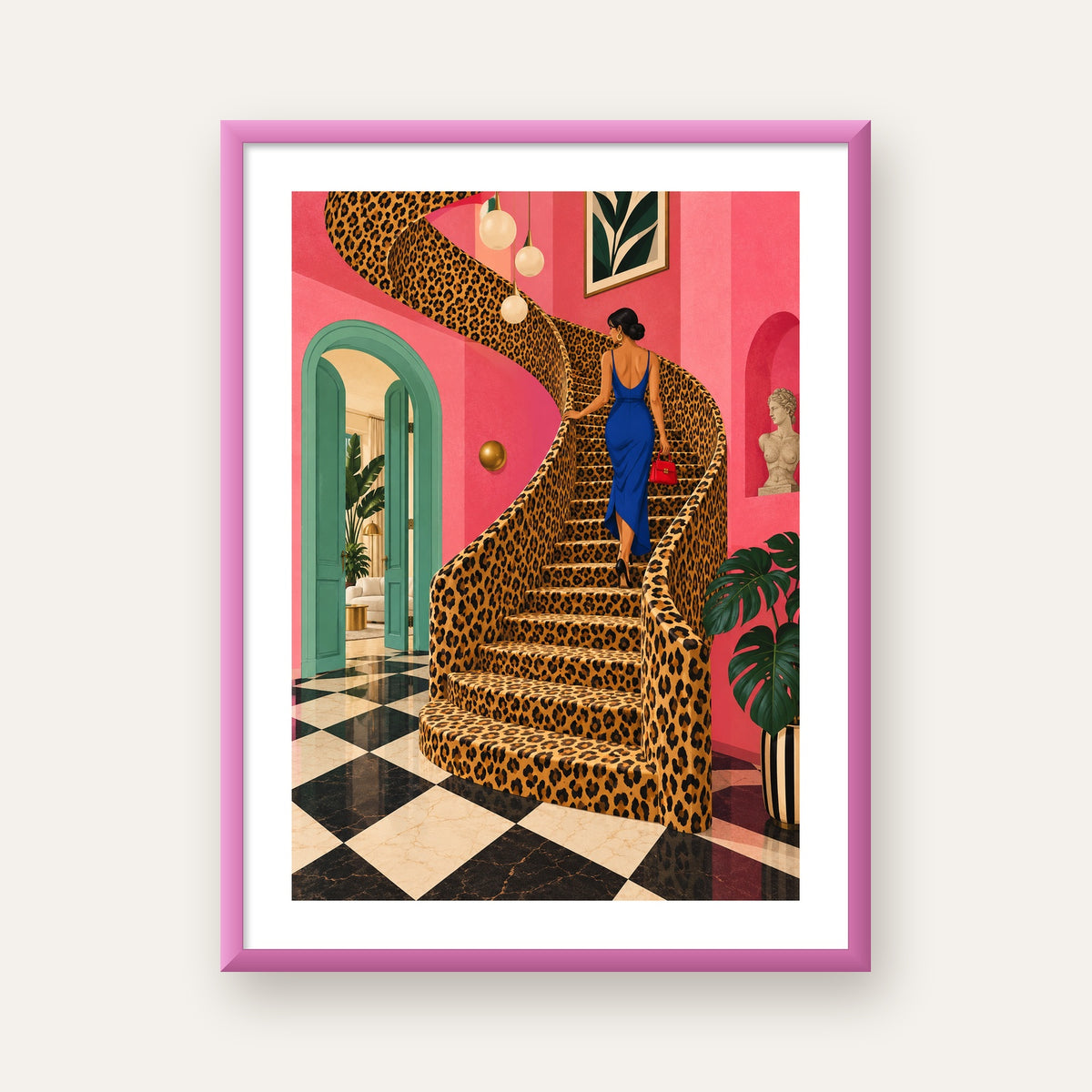 Leopar Merdivenli Pembe Ev — pembe çerçeveli paspartulu