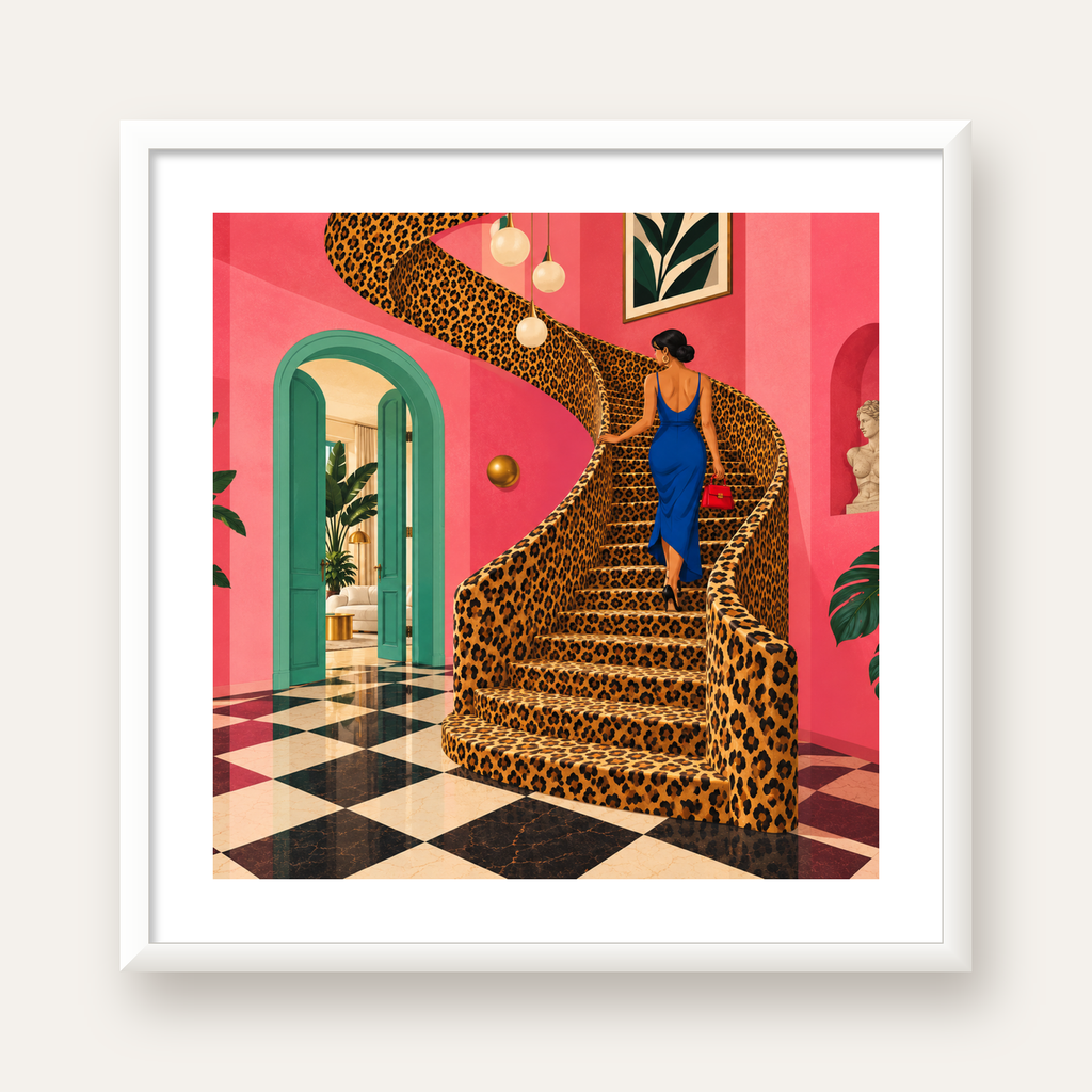 Leopar Merdivenli Pembe Ev — beyaz çerçeveli kare poster