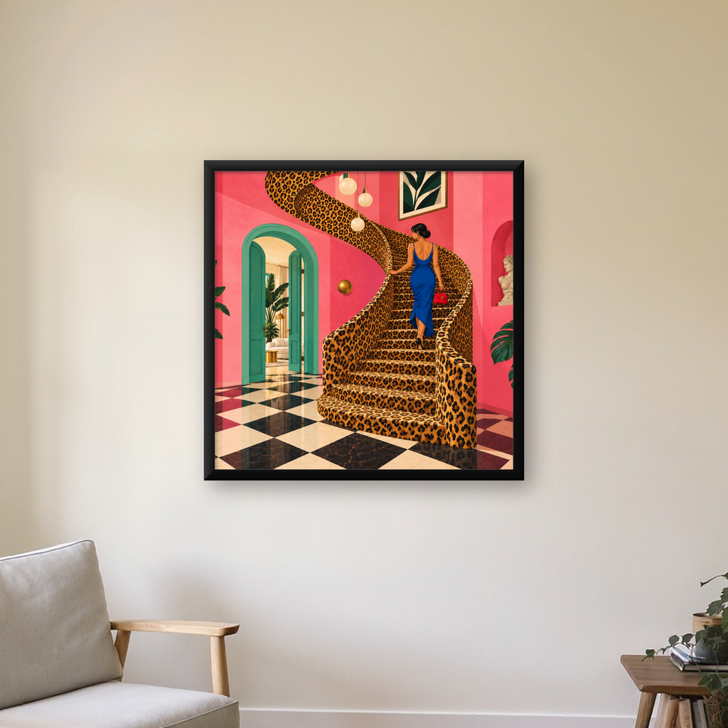 Leopar Desenli Merdivende Şık Kadın Modern Poster — Kare baskı, çerçeveli hâliyle bir ev duvarında