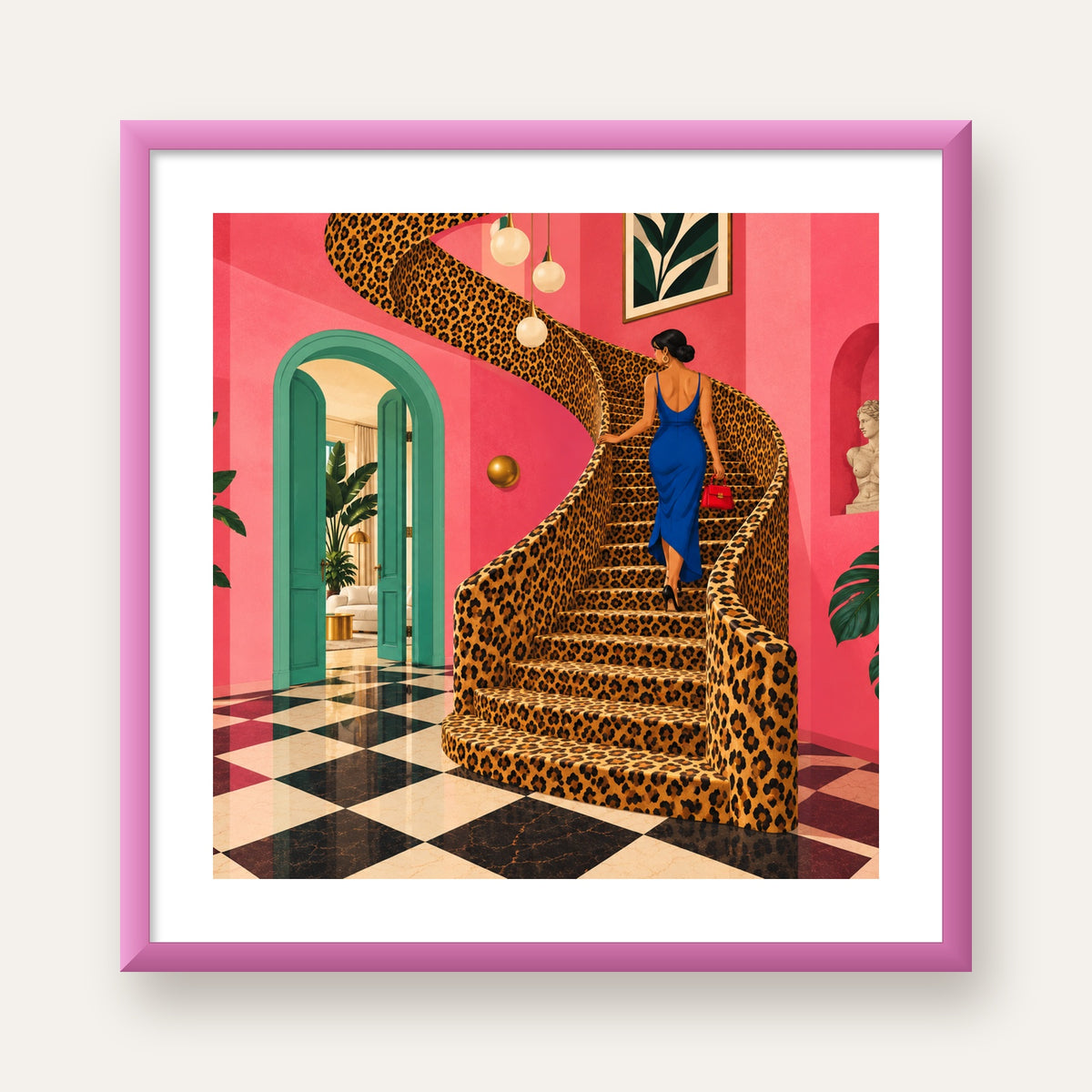 Leopar Merdivenli Pembe Ev — pembe çerçeveli paspartulu