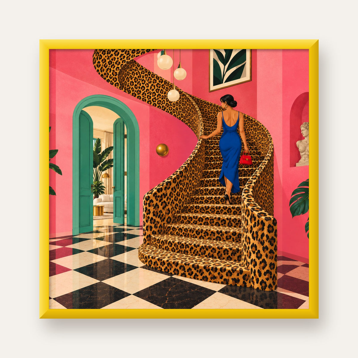 Leopar Merdivenli Pembe Ev — sarı çerçeveli