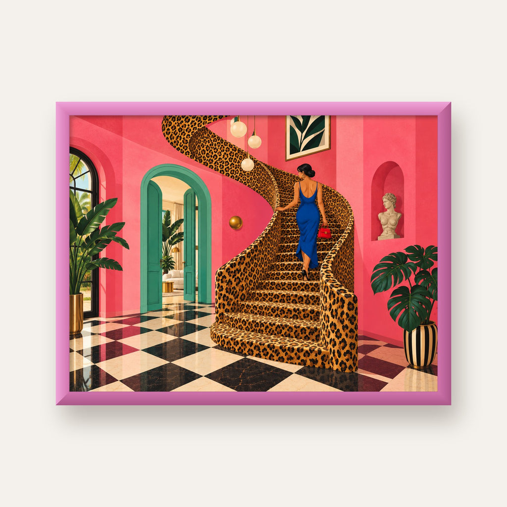 Leopar Merdivenli Pembe Ev — pembe çerçeveli