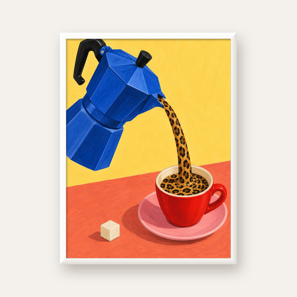 Leopar Desenli Kahve & Moka Pot Poster – Renkli Modern Duvar Sanatı — beyaz çerçeveli dikey poster