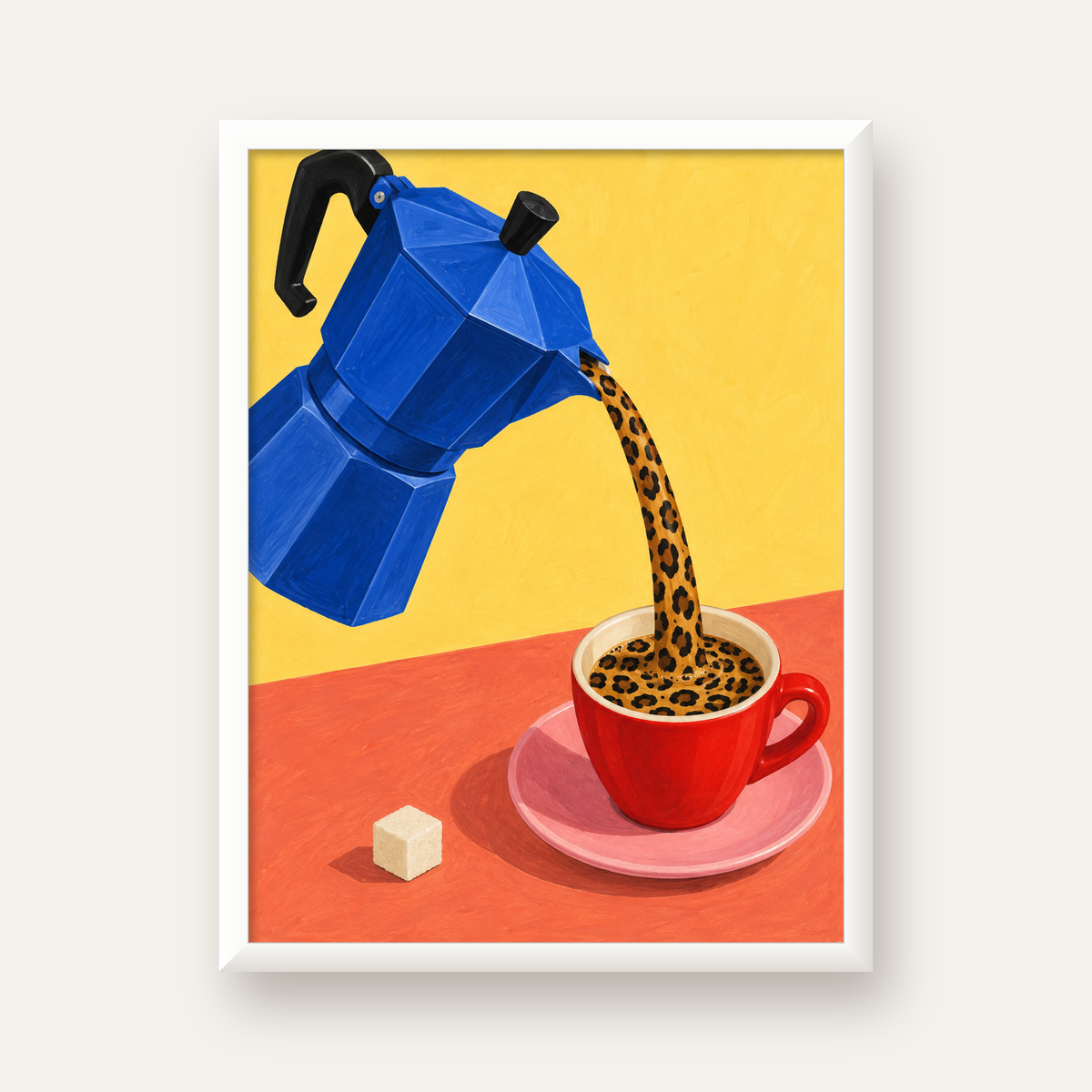 Leopar Desenli Kahve & Moka Pot Poster – Renkli Modern Duvar Sanatı — beyaz çerçeveli dikey poster