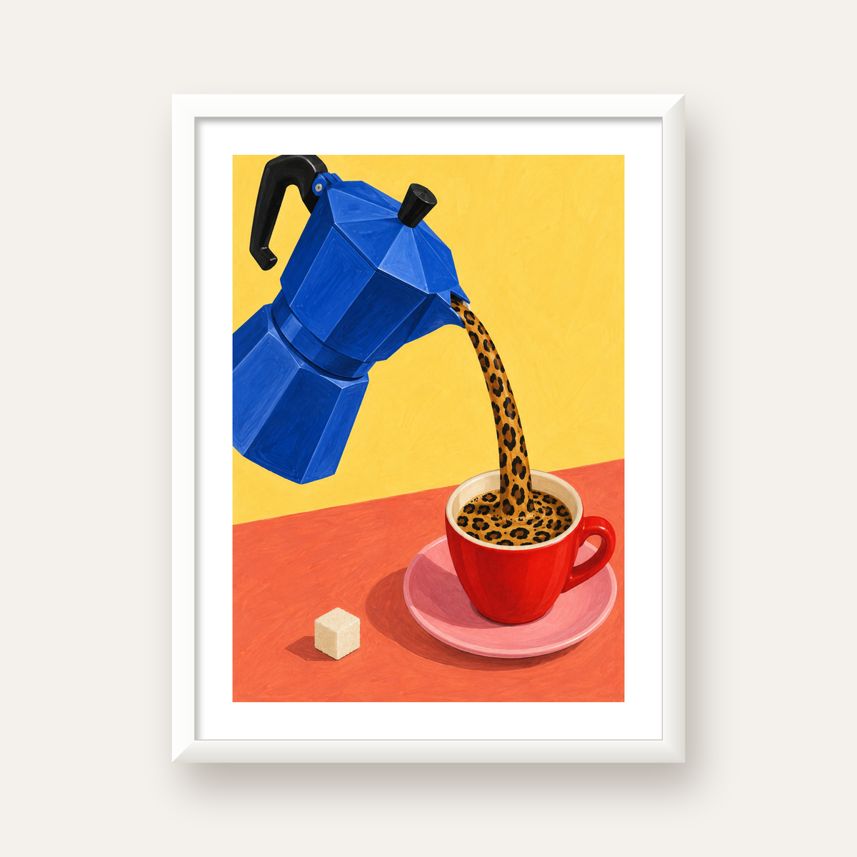 Leopar Desenli Kahve & Moka Pot Poster – Renkli Modern Duvar Sanatı — beyaz çerçeveli dikey poster