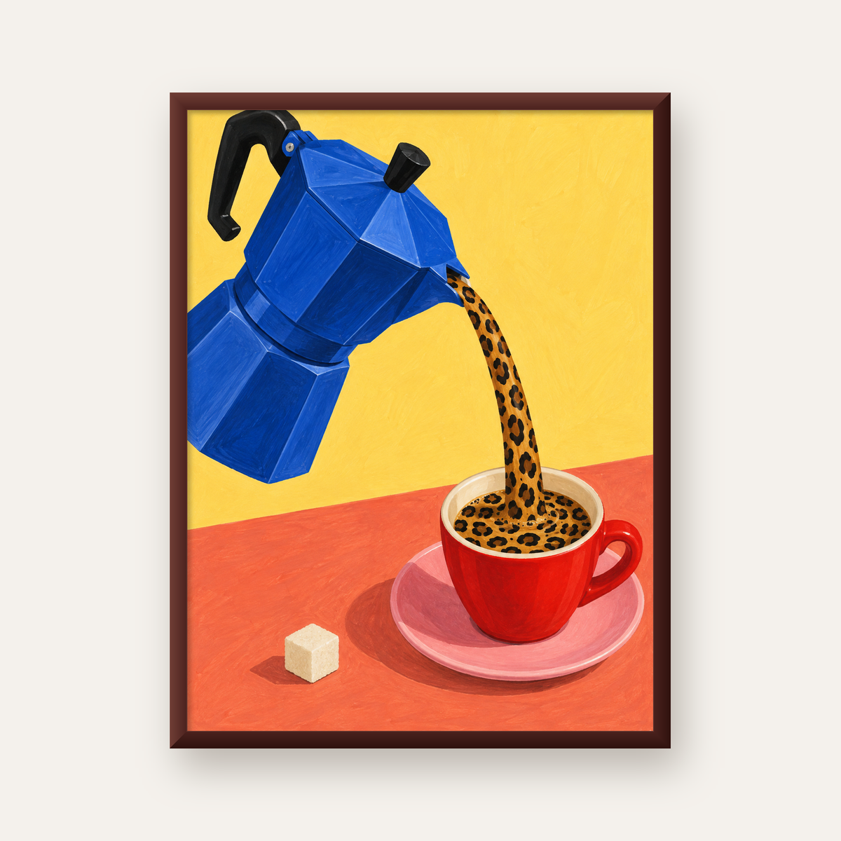 Leopar Desenli Kahve & Moka Pot Poster – Renkli Modern Duvar Sanatı — ceviz çerçeveli