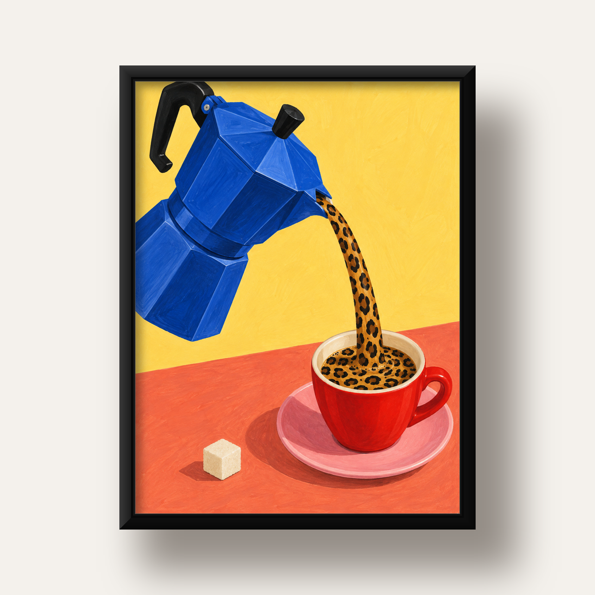Leopar Desenli Kahve & Moka Pot Poster – Renkli Modern Duvar Sanatı — siyah derin çerçeveli
