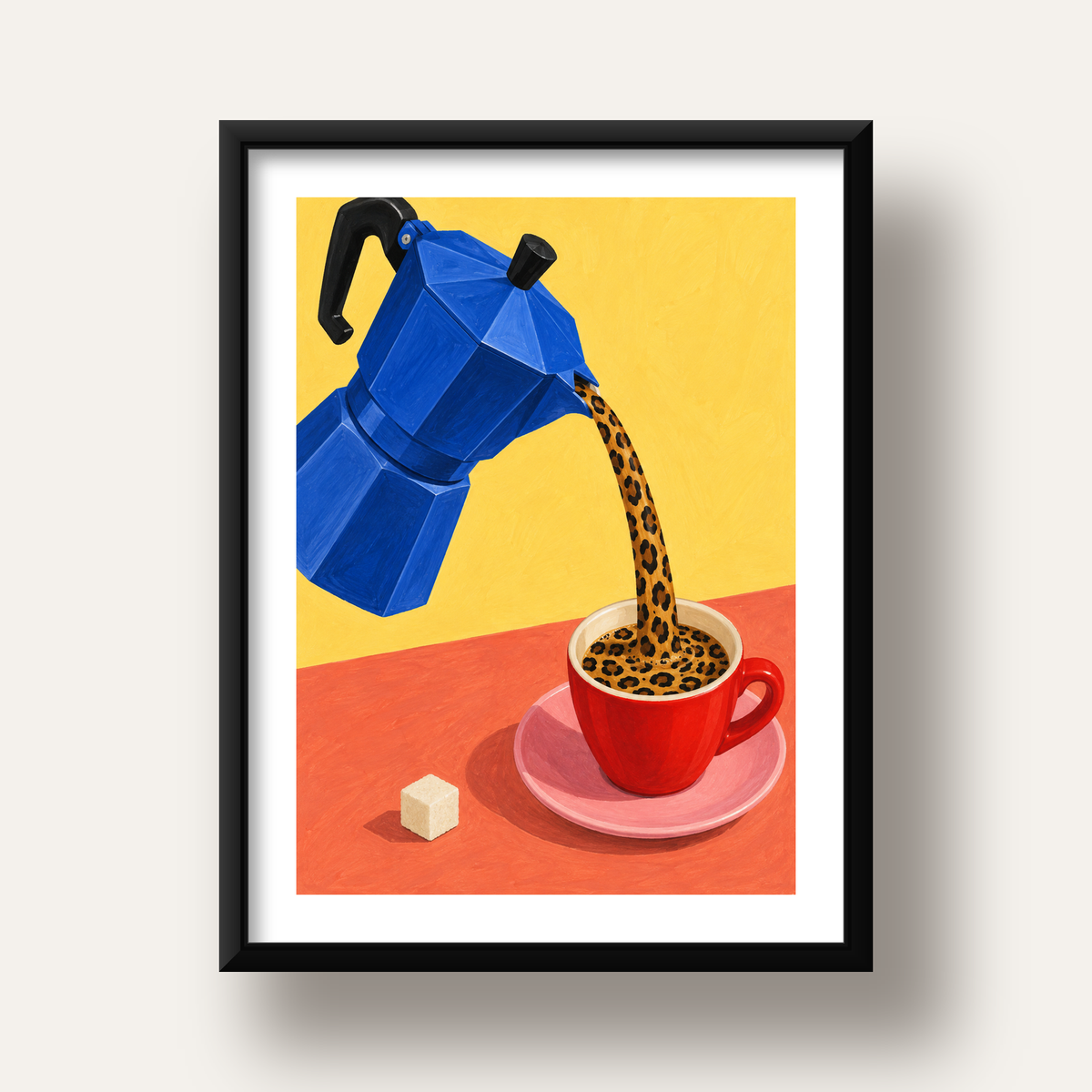 Leopar Desenli Kahve & Moka Pot Poster – Renkli Modern Duvar Sanatı — siyah derin çerçeveli paspartulu