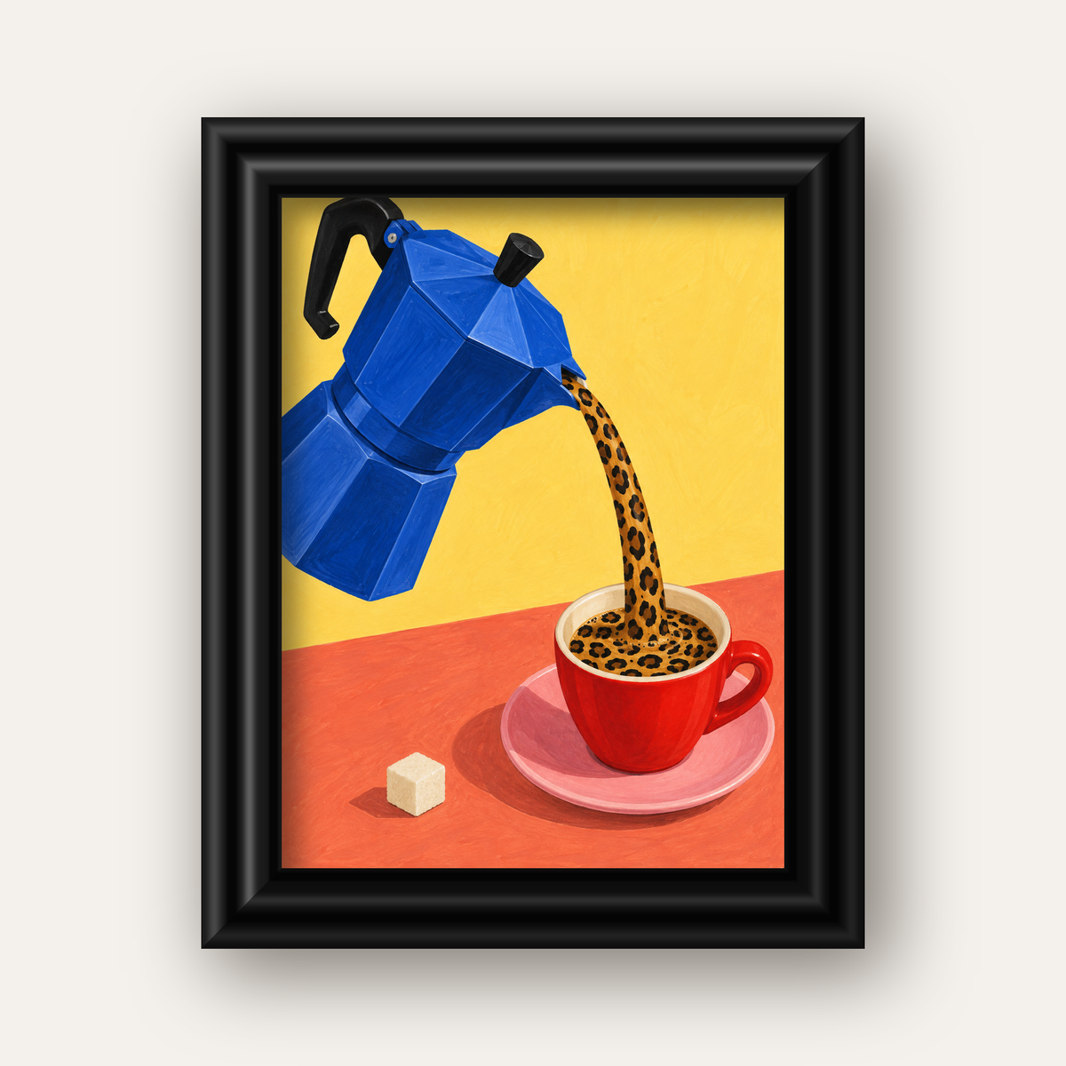 Leopar Desenli Kahve & Moka Pot Poster – Renkli Modern Duvar Sanatı — siyah galeri çerçeveli