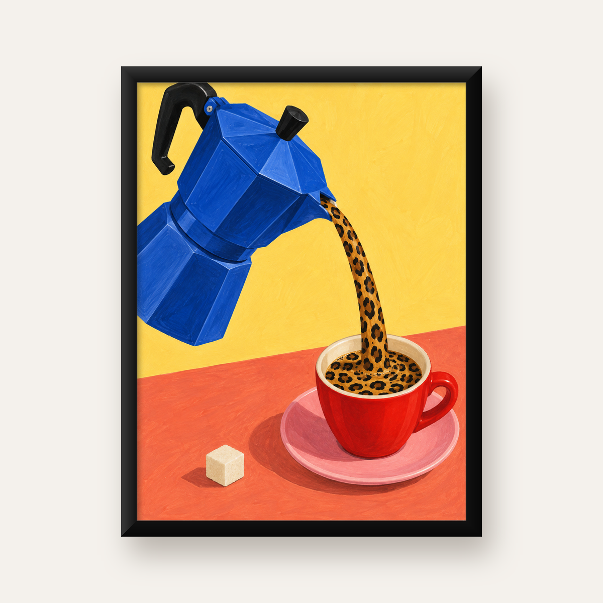 Leopar Desenli Kahve & Moka Pot Poster – Renkli Modern Duvar Sanatı — Dikey baskı, düz siyah çerçeveli duvar posteri