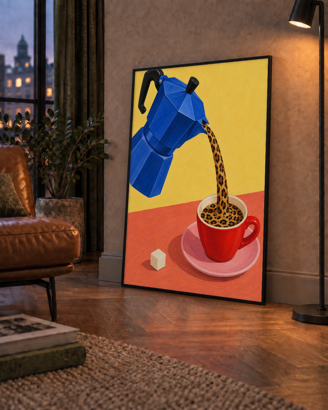Leopar Desenli Kahve & Moka Pot Poster – Renkli Modern Duvar Sanatı — çerçeveli hâliyle bir ev duvarında