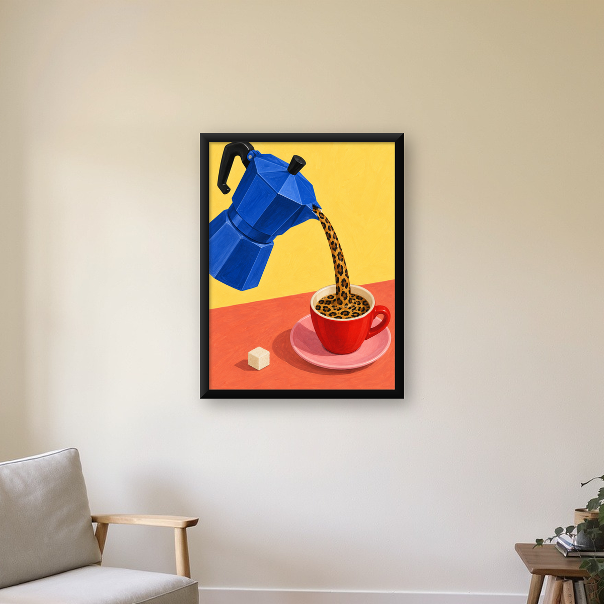 Leopar Desenli Kahve & Moka Pot Poster – Renkli Modern Duvar Sanatı — Dikey baskı, çerçeveli hâliyle bir ev duvarında