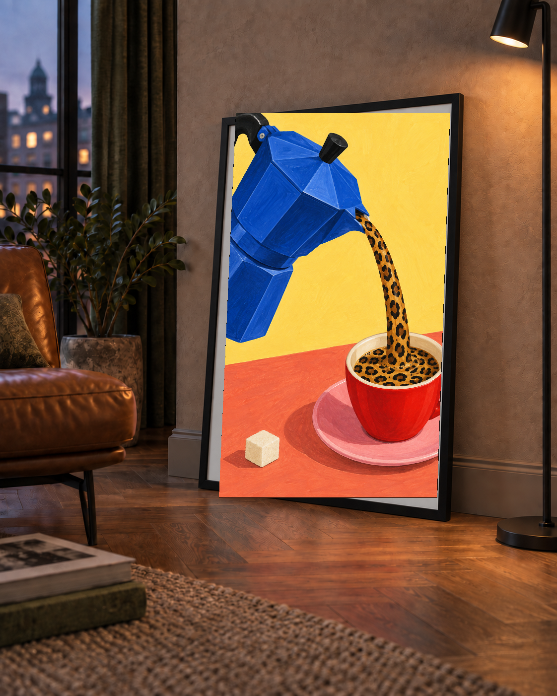 Leopar Desenli Kahve & Moka Pot Poster – Renkli Modern Duvar Sanatı