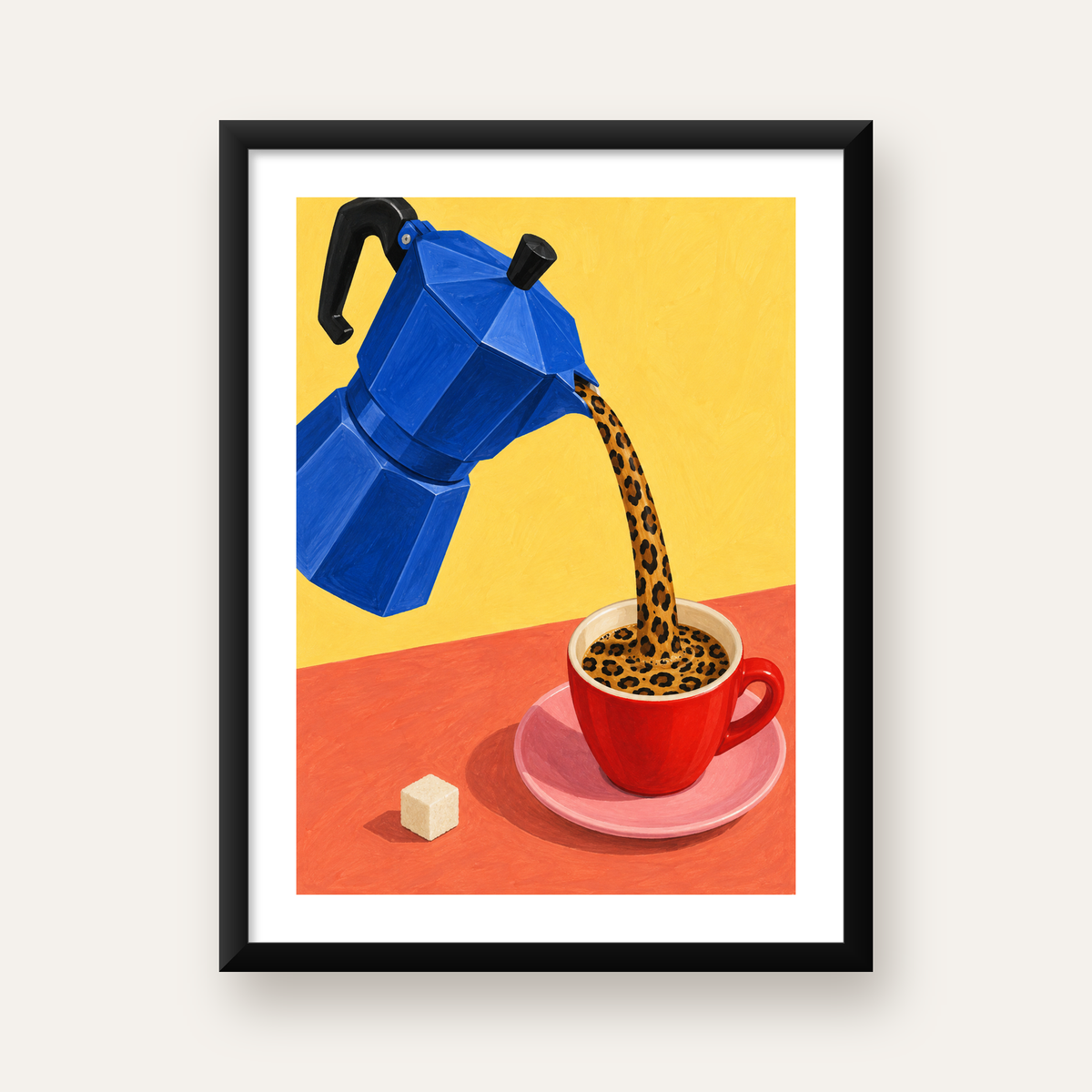 Leopar Desenli Kahve & Moka Pot Poster – Renkli Modern Duvar Sanatı — Dikey baskı, beyaz paspartulu