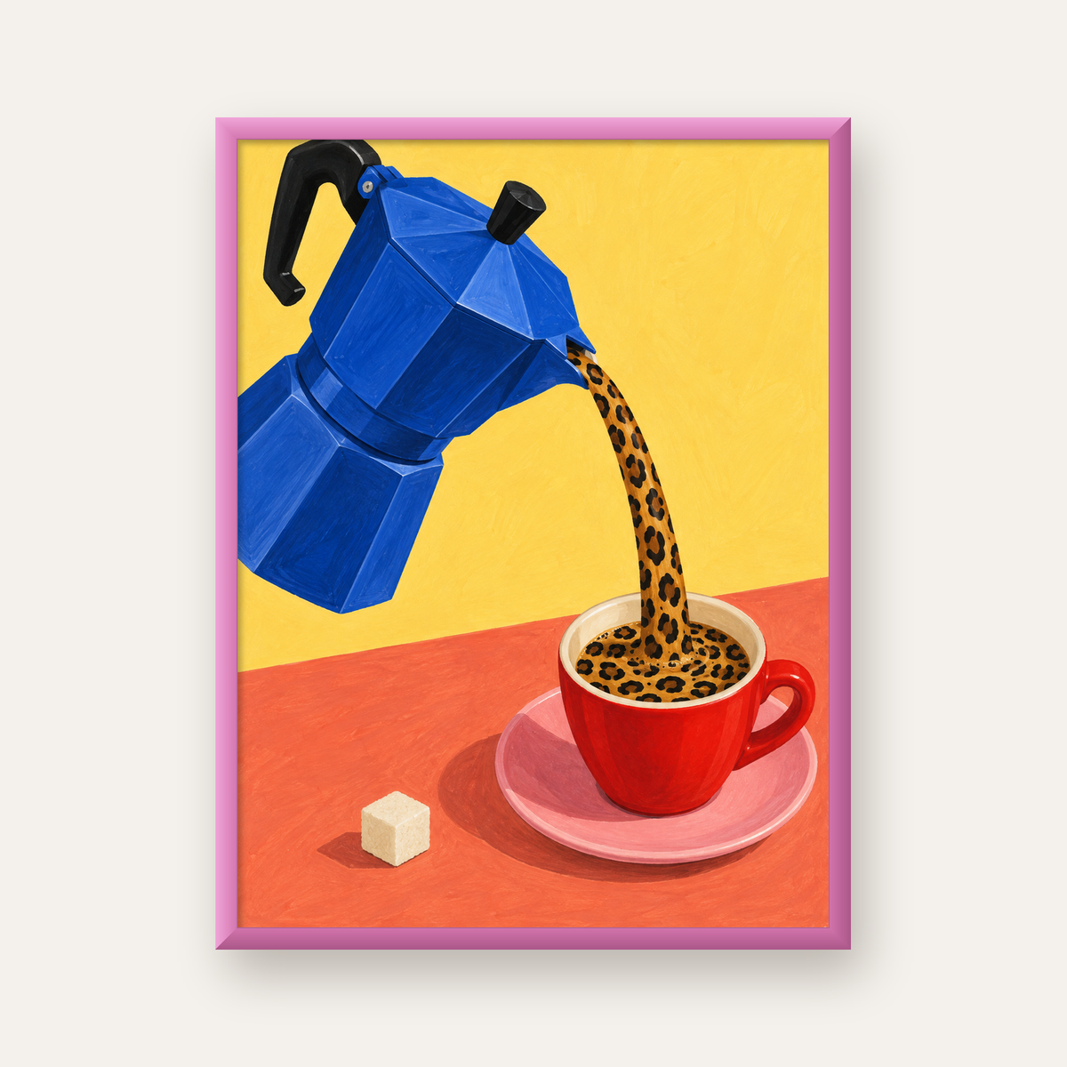 Leopar Desenli Kahve & Moka Pot Poster – Renkli Modern Duvar Sanatı — pembe çerçeveli