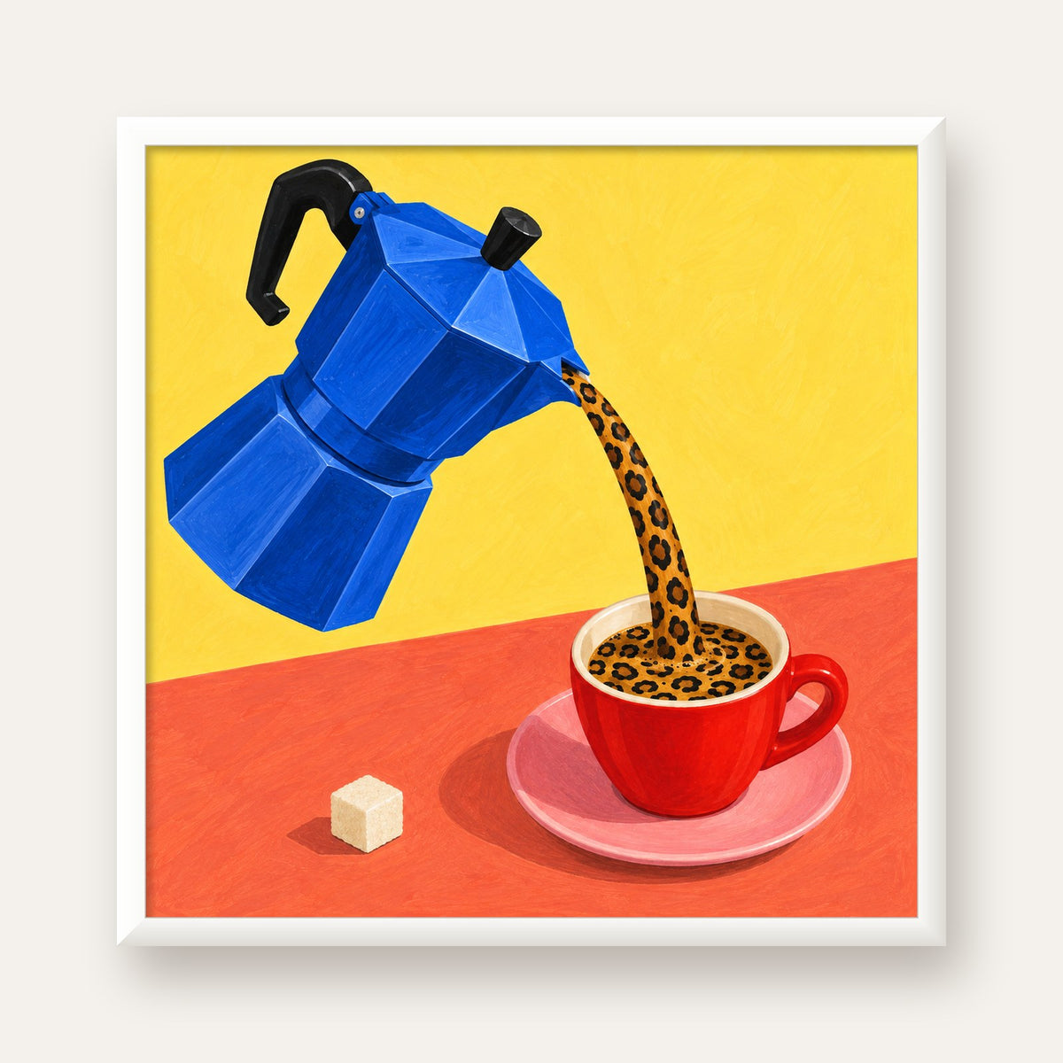 Leopar Desenli Kahve & Moka Pot Poster – Renkli Modern Duvar Sanatı — beyaz çerçeveli kare poster