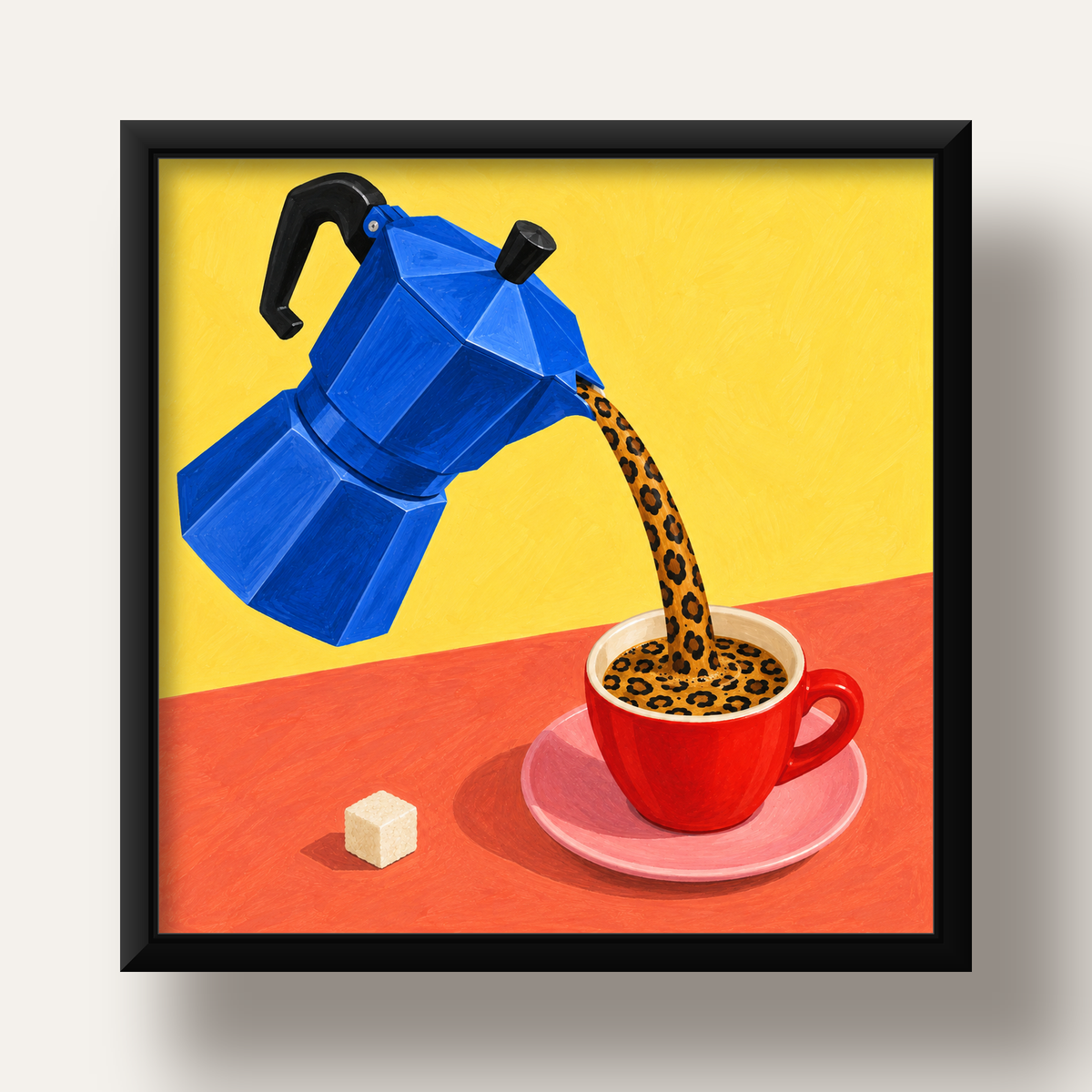 Leopar Desenli Kahve & Moka Pot Poster – Renkli Modern Duvar Sanatı — siyah derin çerçeveli