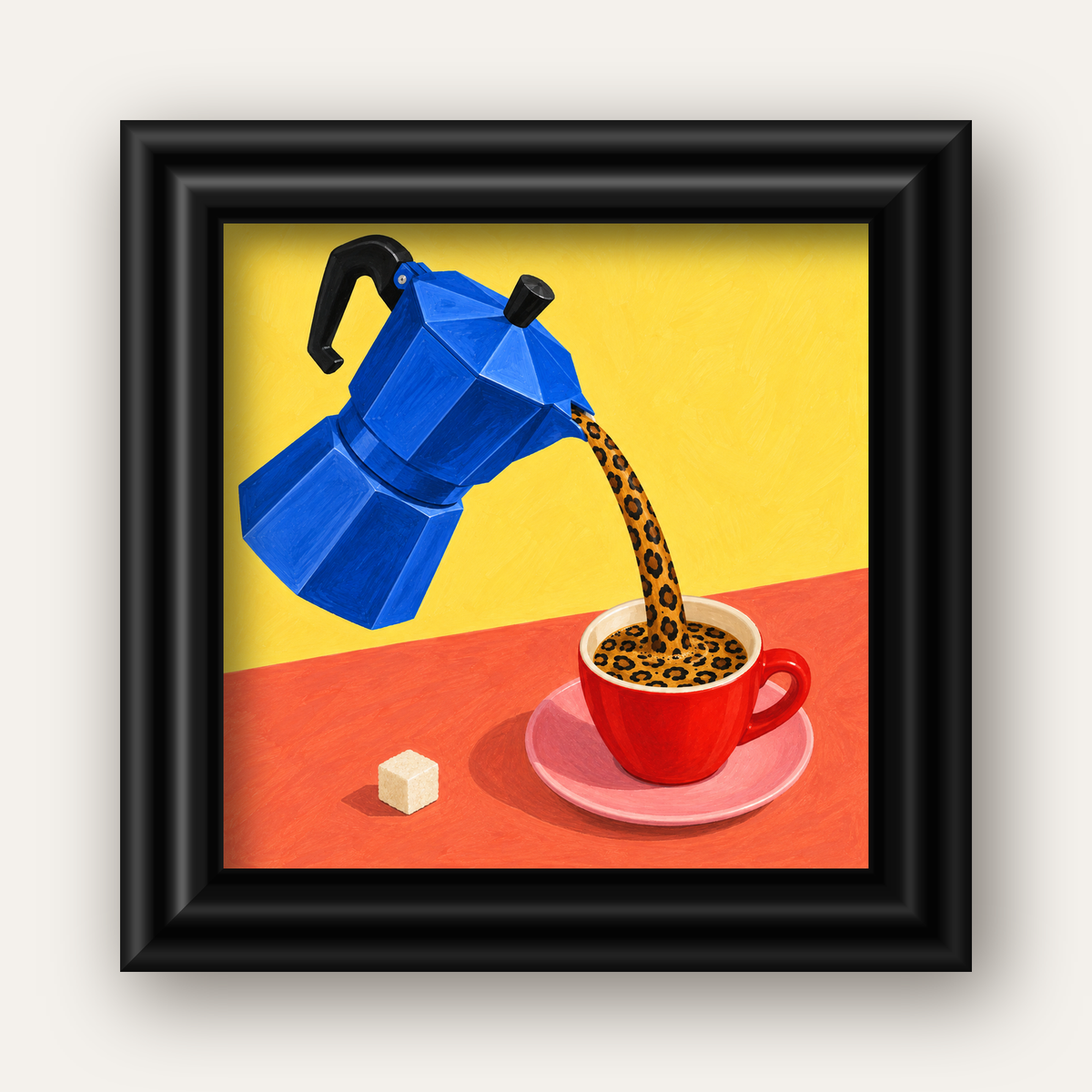 Leopar Desenli Kahve & Moka Pot Poster – Renkli Modern Duvar Sanatı — siyah galeri çerçeveli