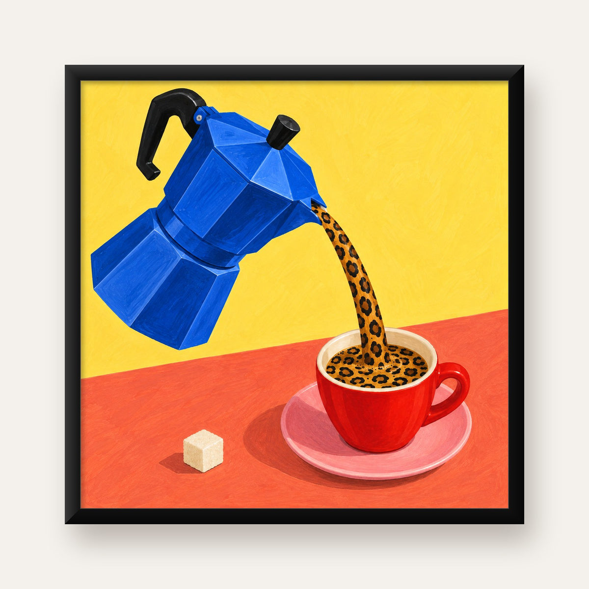 Leopar Desenli Kahve & Moka Pot Poster – Renkli Modern Duvar Sanatı — Kare baskı, düz siyah çerçeveli duvar posteri