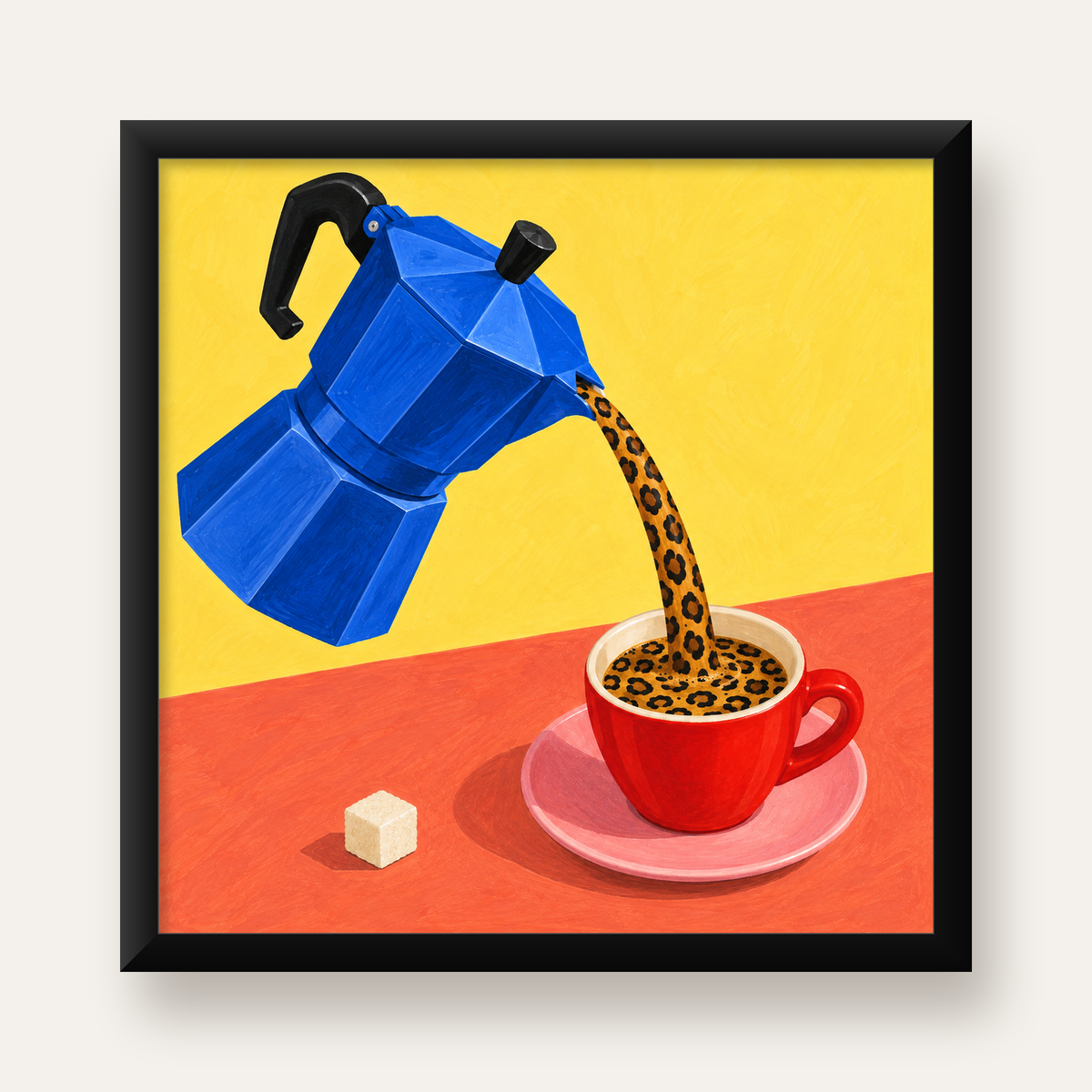 Leopar Desenli Kahve & Moka Pot Poster – Renkli Modern Duvar Sanatı — Kare baskı, düz siyah çerçeveli duvar posteri