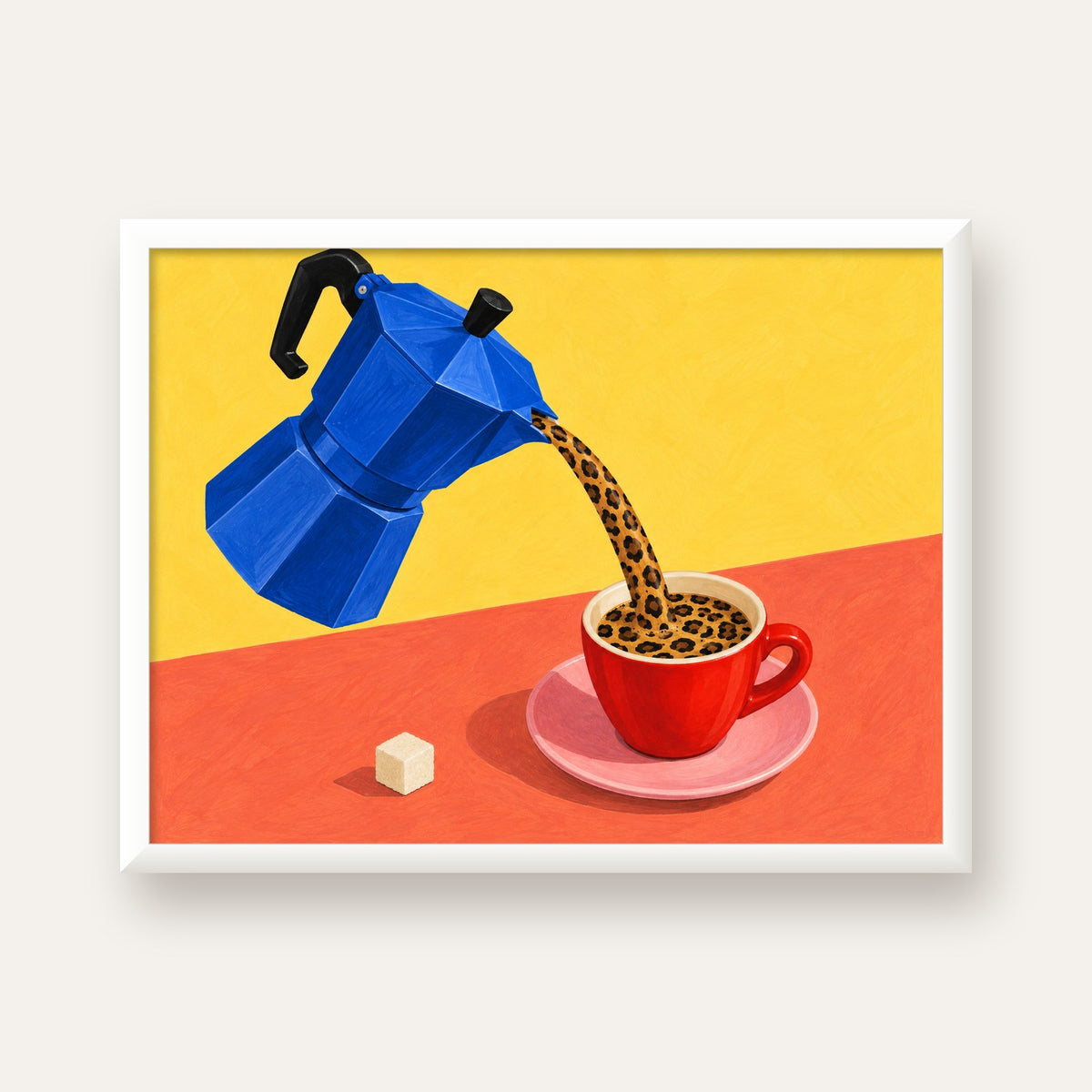 Leopar Desenli Kahve & Moka Pot Poster – Renkli Modern Duvar Sanatı — beyaz çerçeveli yatay poster